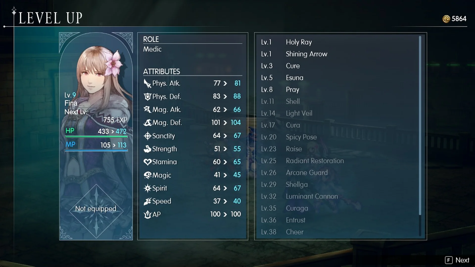 Fina level up screen showing ROLE Medic and her skill list