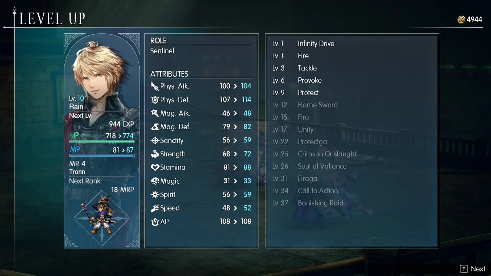 Rain level up screen showing ROLE Sentinel and his skill list