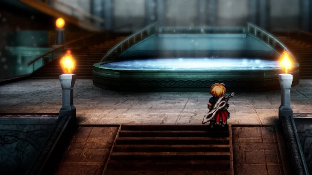 Rain before the glowing fountain in Siren's Tower in Final Fantasy Resonance