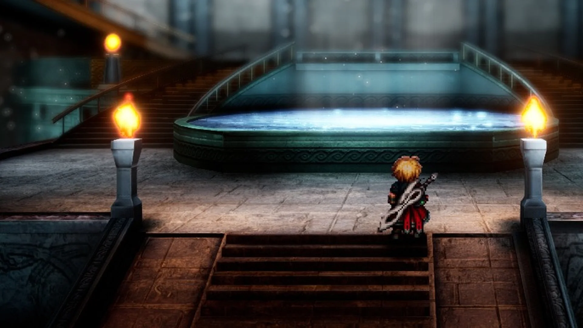 Rain before the glowing fountain in Siren's Tower in Final Fantasy Resonance