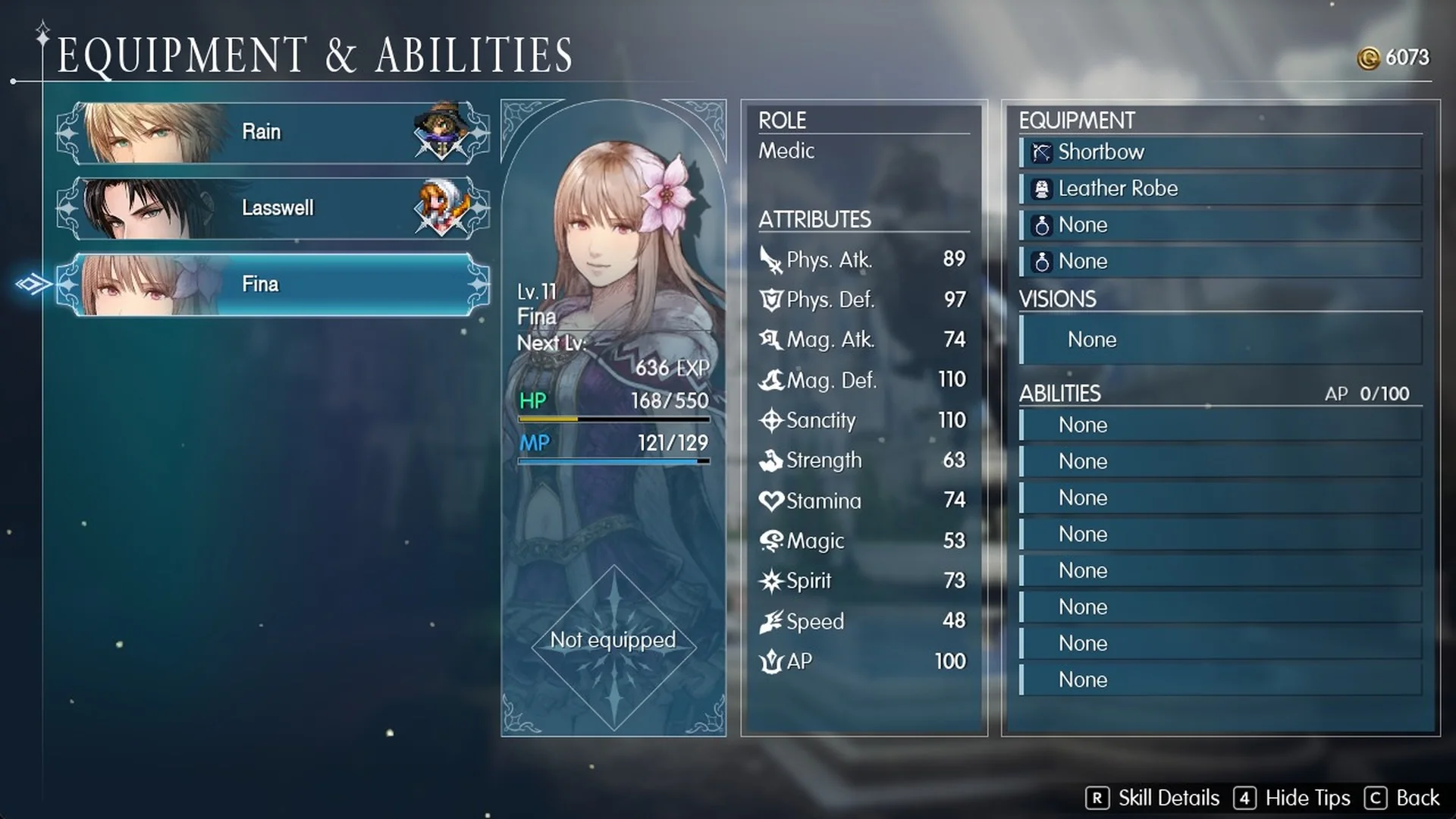 Fina on the Equipment and Abilities screen in Final Fantasy Resonance with Sanctity 110 and Spirit 73