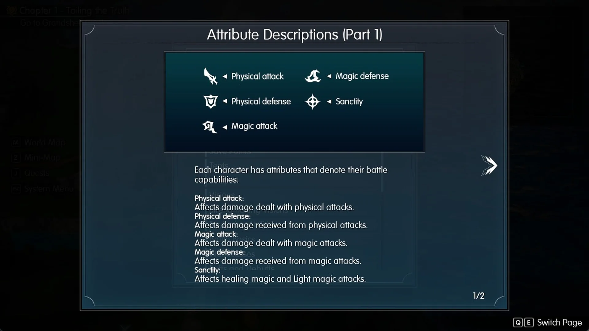 Attribute Descriptions Part 1 Help page in Final Fantasy Resonance defining Sanctity