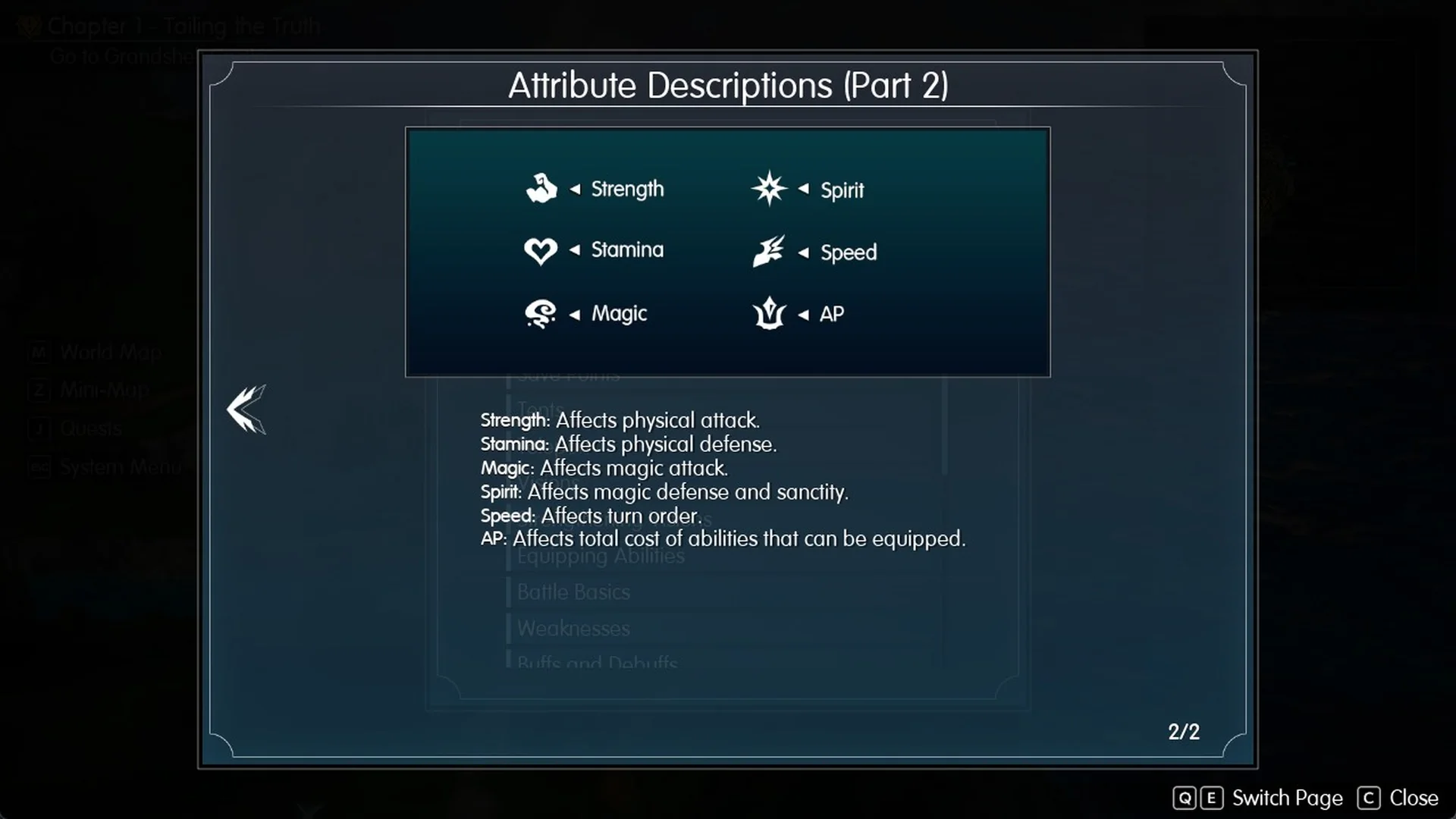 Attribute Descriptions Part 2 Help page in Final Fantasy Resonance defining Spirit