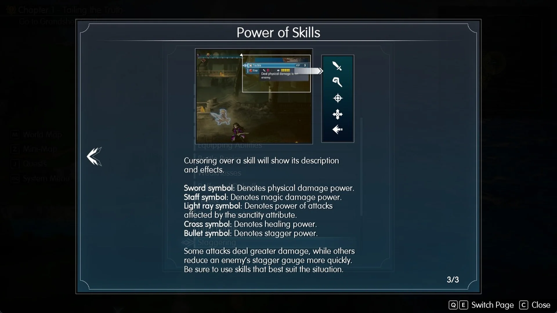 Power of Skills Help page in Final Fantasy Resonance explaining the light ray and cross symbols