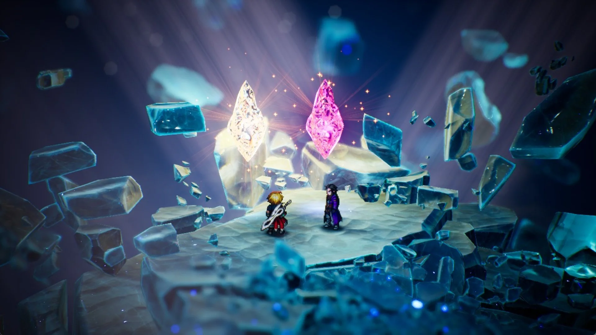 Rain and Lasswell before two glowing Vision Crystals in Final Fantasy Resonance
