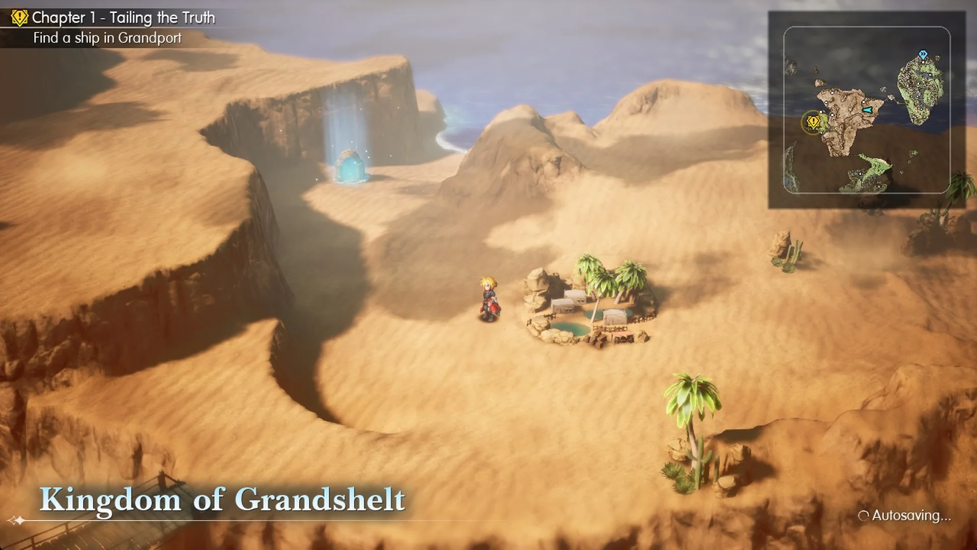 Glowing blue sanctum door at the foot of a cliff north-west of the Village of Kol in Final Fantasy Resonance