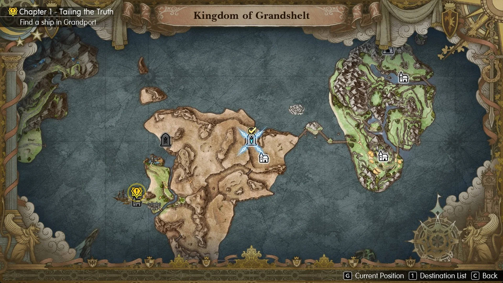 World Map of the Kingdom of Grandshelt with a check mark on the sanctum icon north-west of Kol
