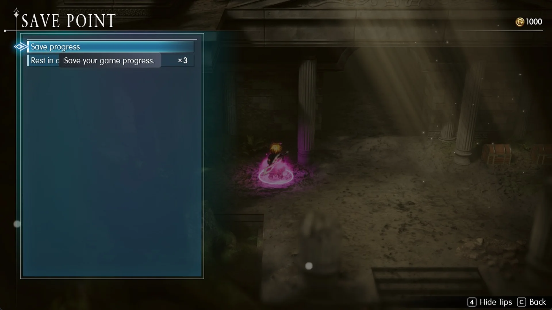 SAVE POINT menu with Save progress and Rest in a tent, opened at the pink save point in the Earth Shrine