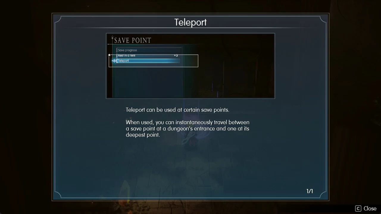 Teleport tutorial page showing the Teleport row in the Save Point menu
