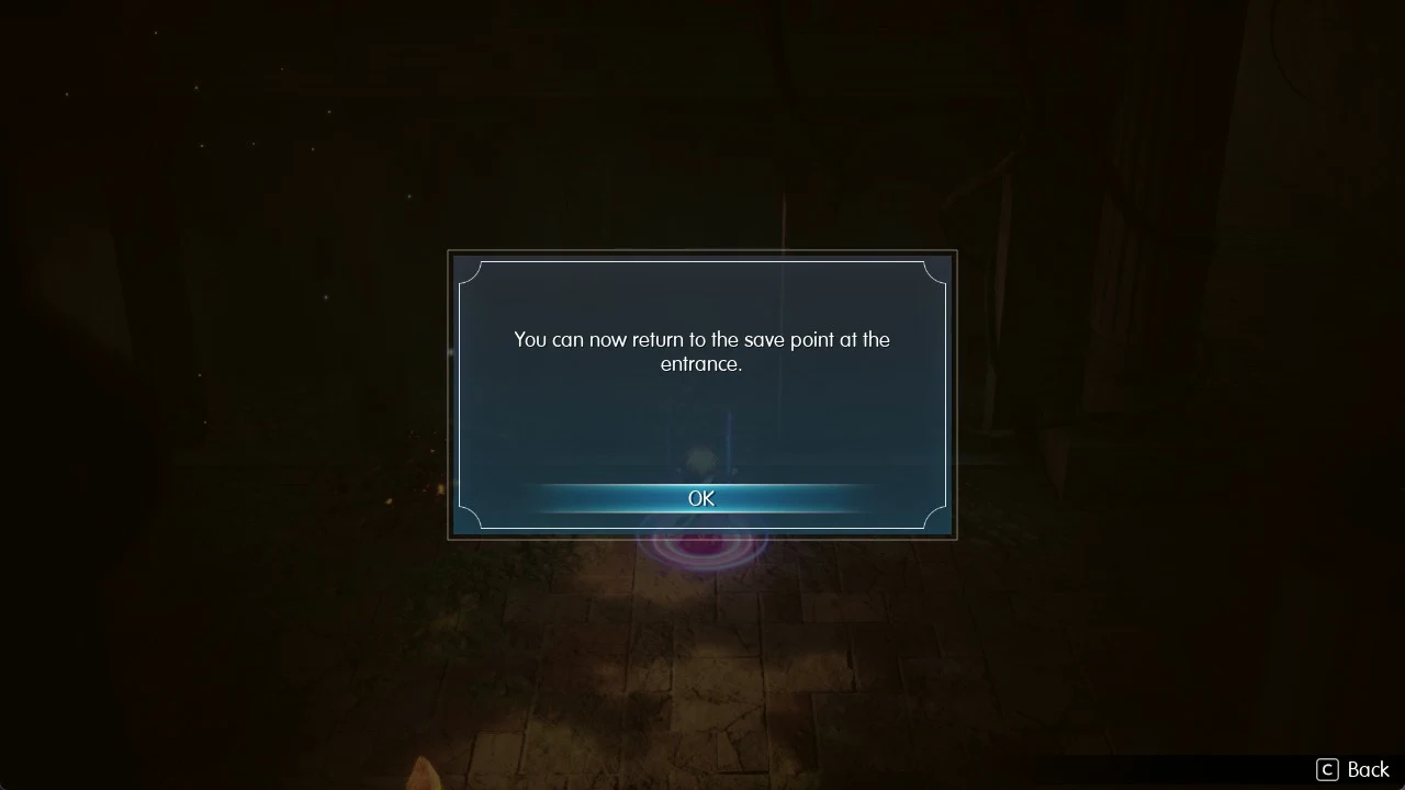 Message saying you can now return to the save point at the entrance