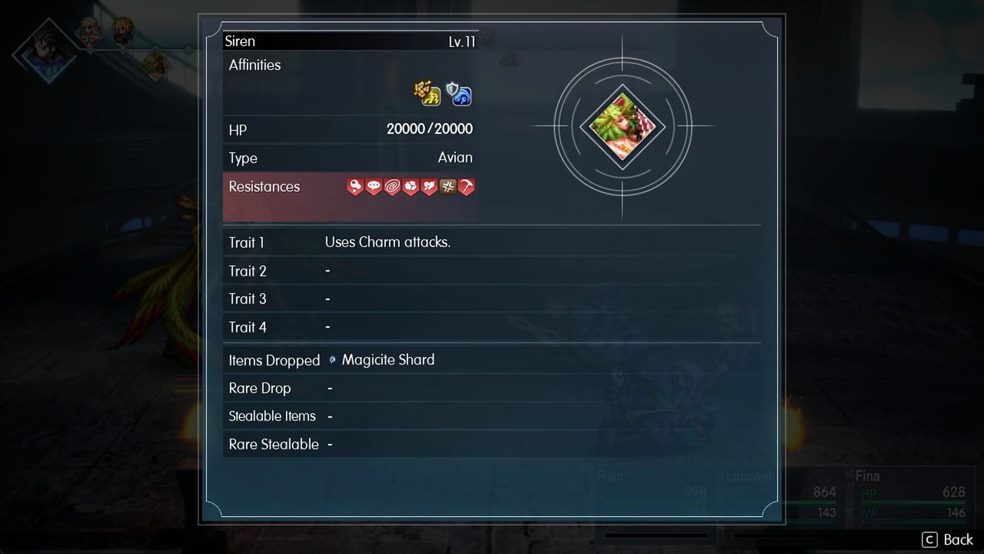 Libra on Siren showing level 11, 20,000 HP, Avian type and Uses Charm attacks