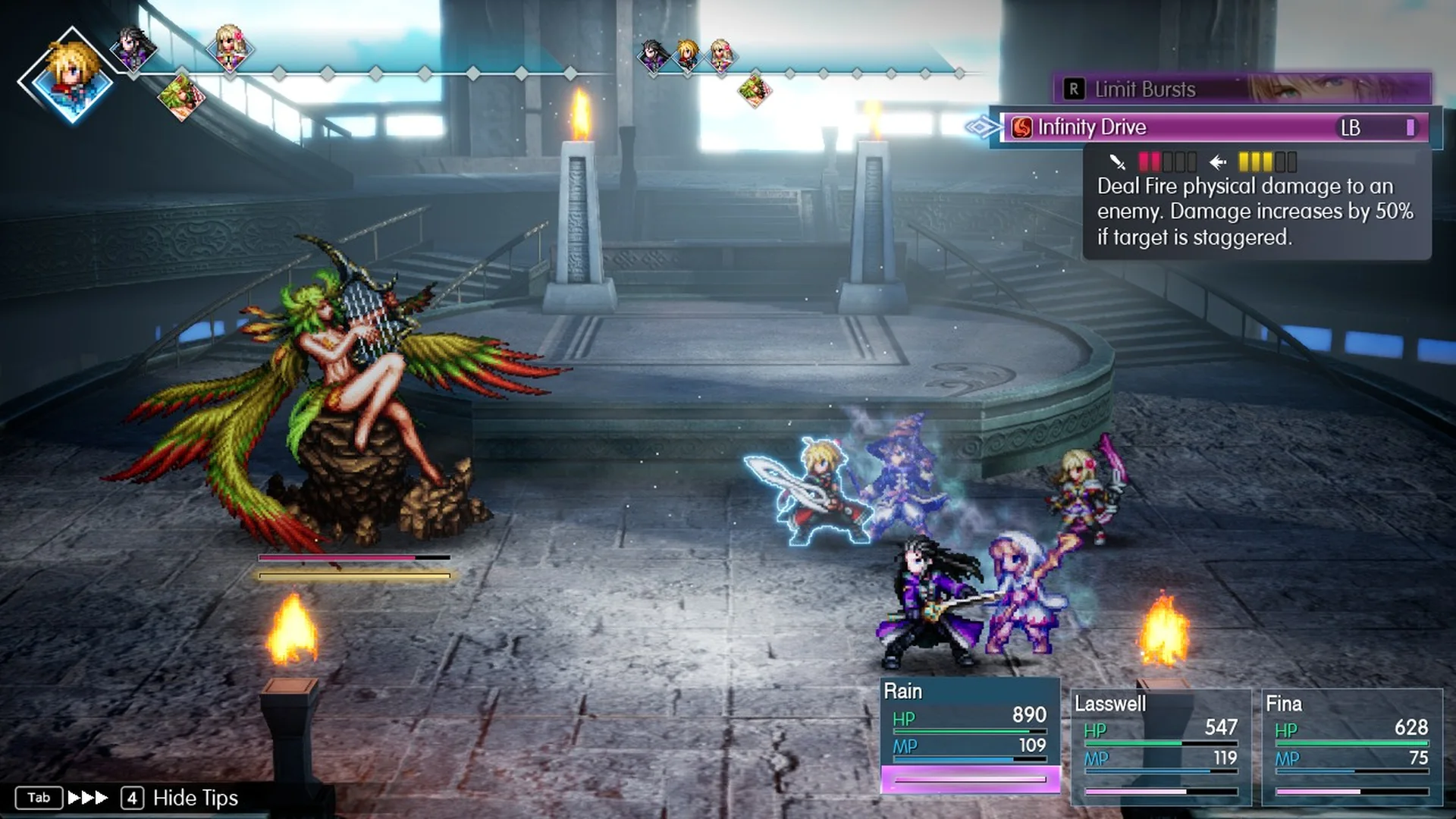 Limit Bursts menu with Rain's Infinity Drive during the Siren fight