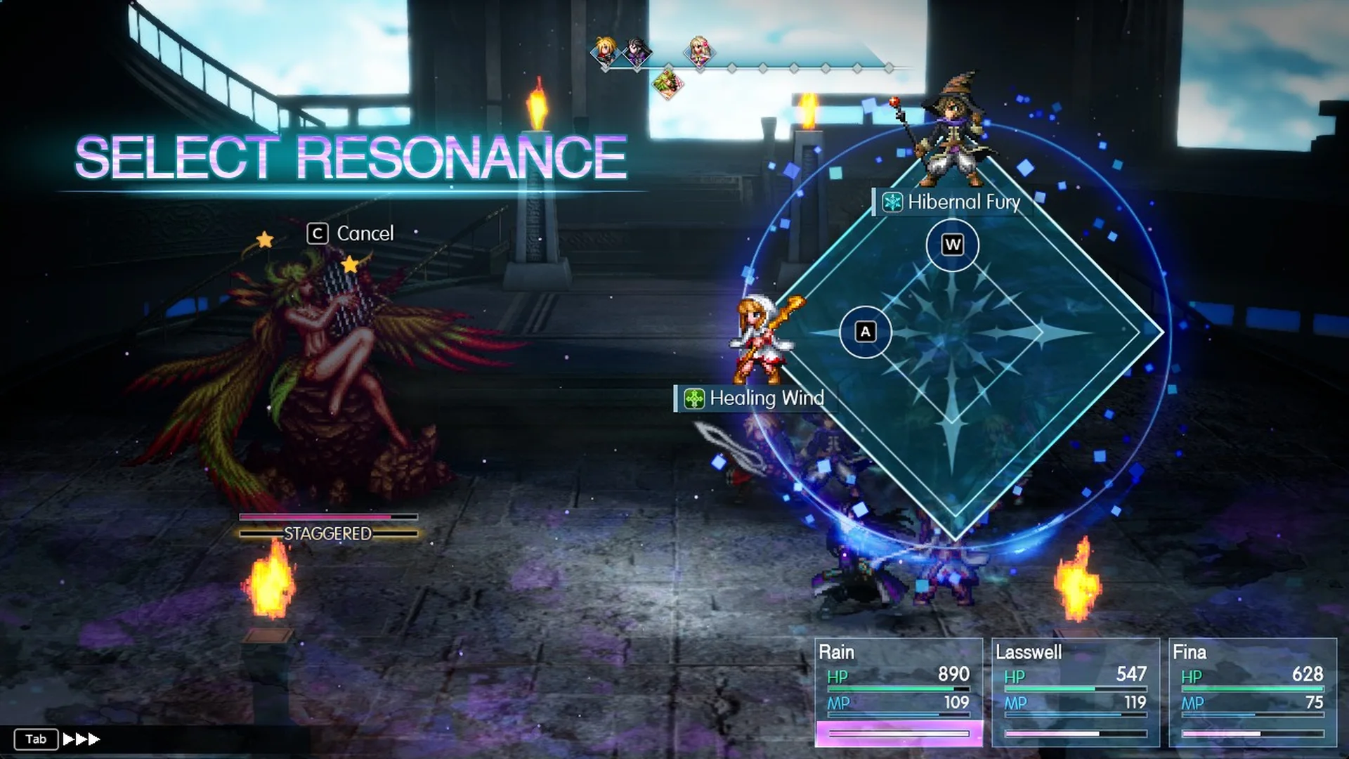 Select Resonance screen with Hibernal Fury and Healing Wind after staggering Siren