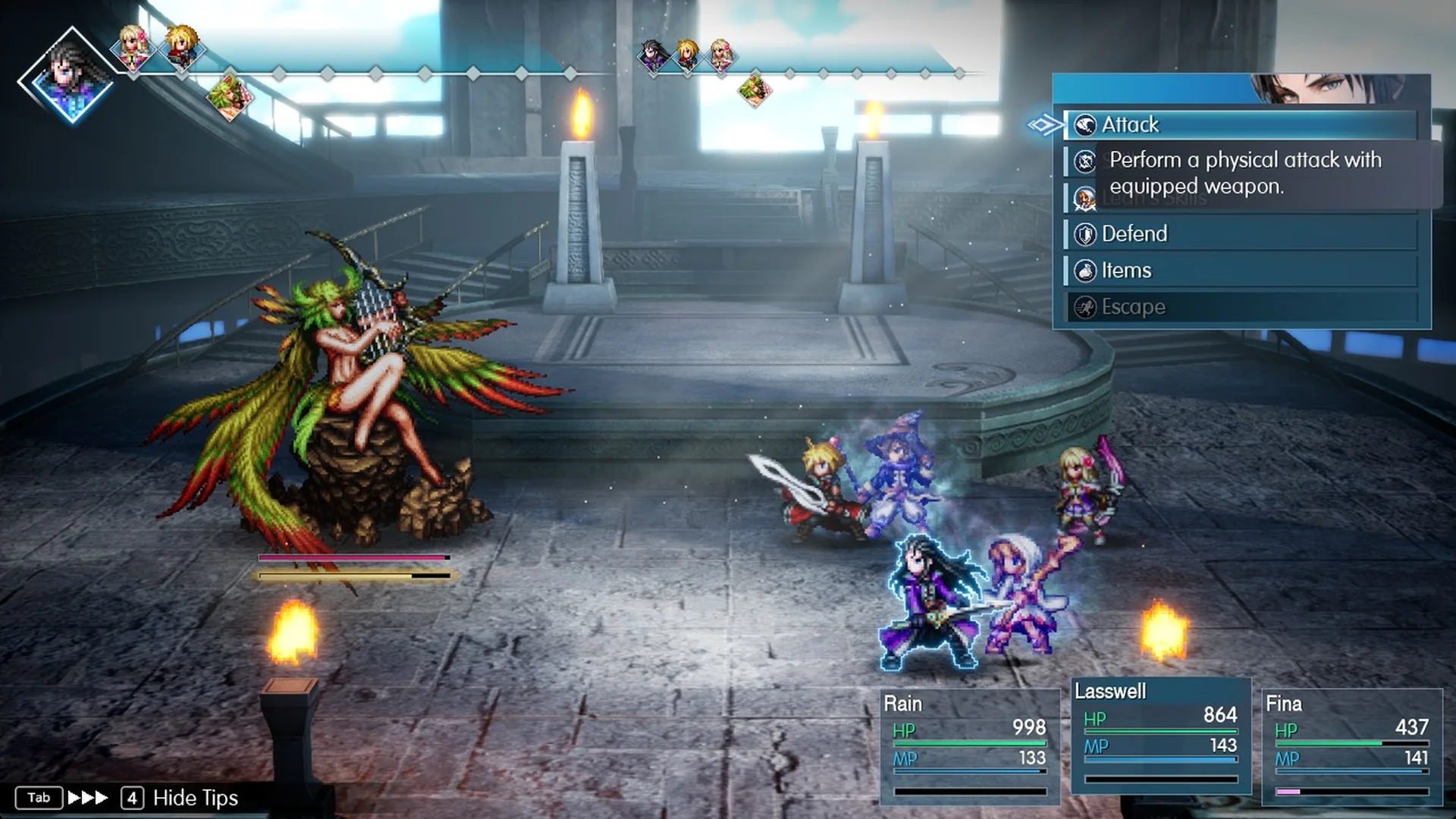 The start of the Siren boss fight with the command menu open
