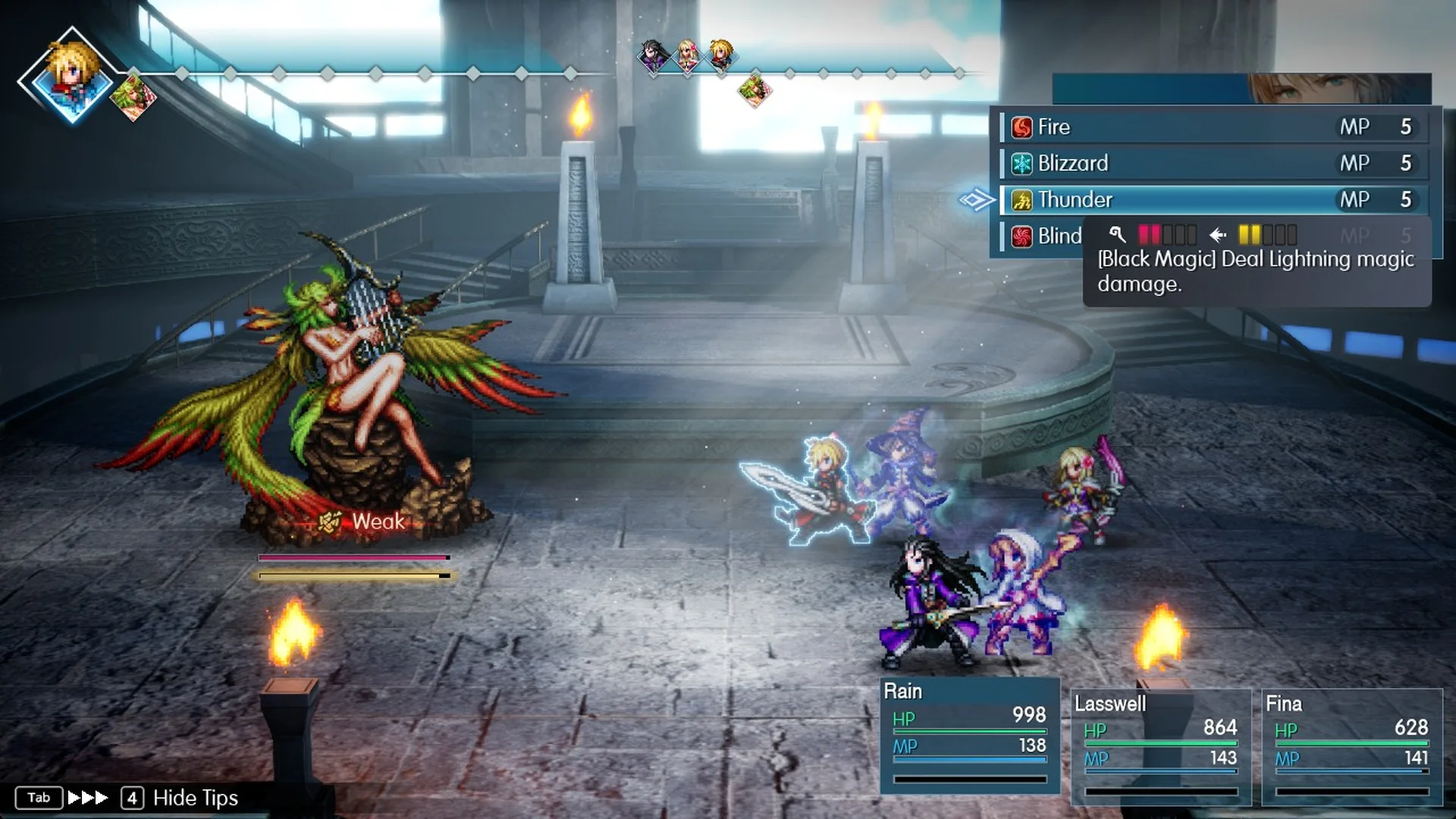 Tronn's Skills menu with Thunder selected for Rain