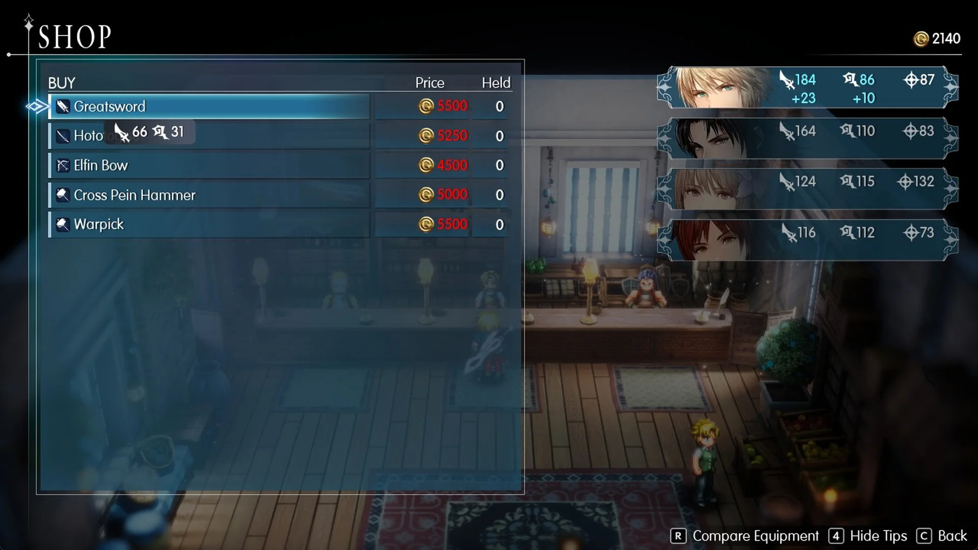 Weapon shop list with the Greatsword selected and Rain's attack gain