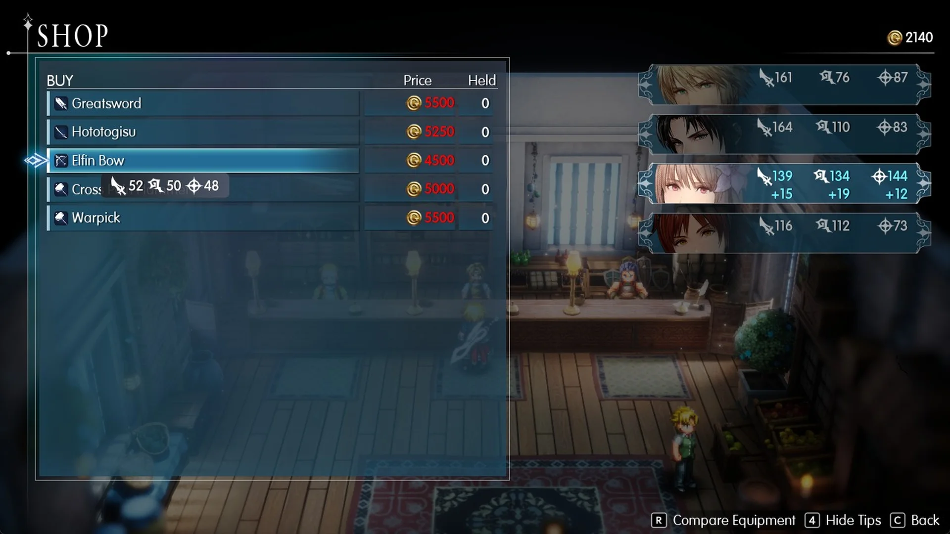 Weapon shop list with the Elfin Bow selected and Fina's stat gains