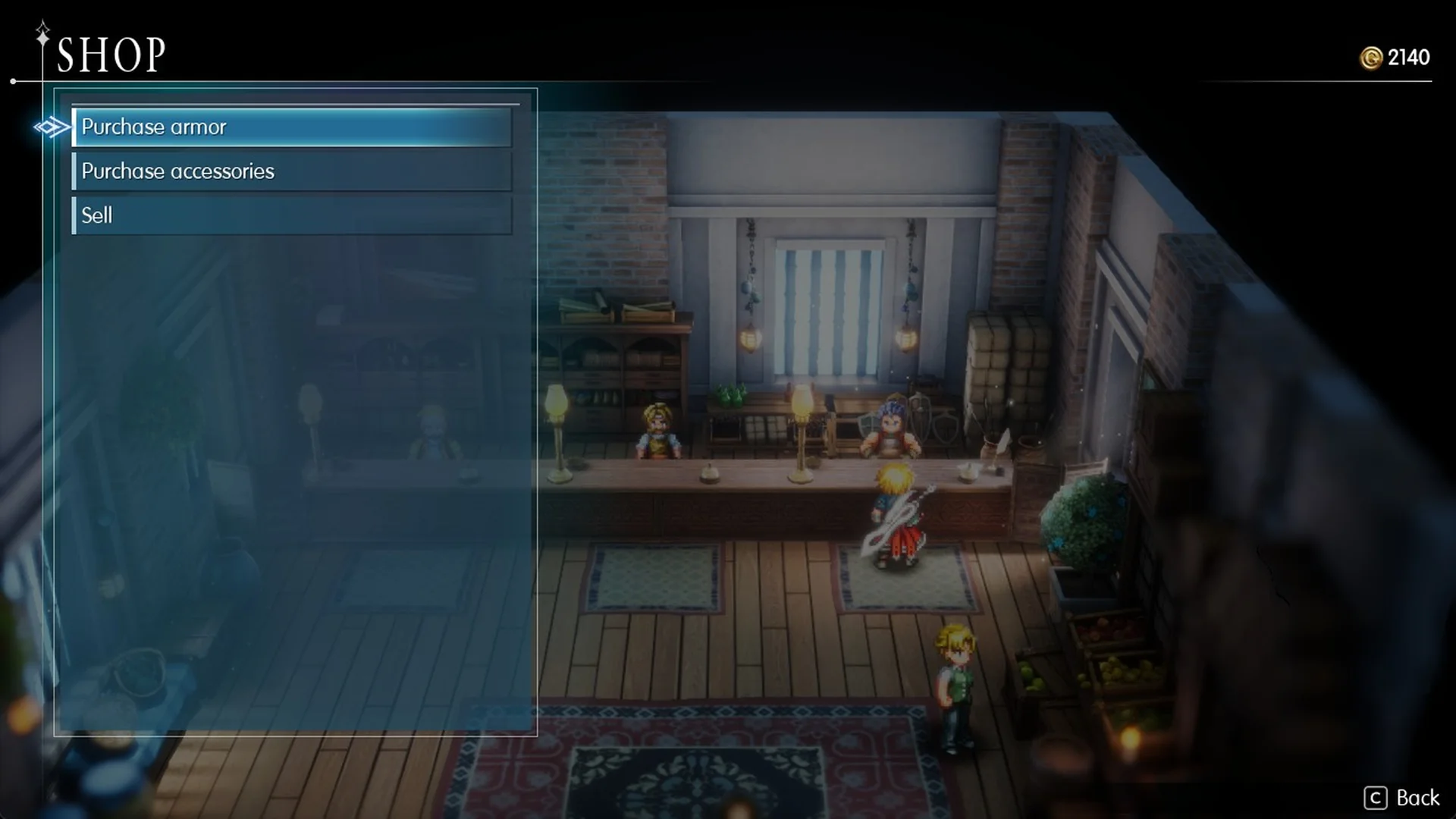 Armor shop menu with Purchase armor, Purchase accessories and Sell