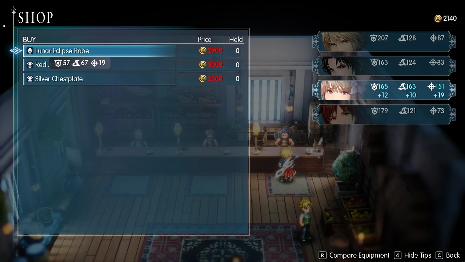 Armor shop list with the Lunar Eclipse Robe selected and Fina's gains