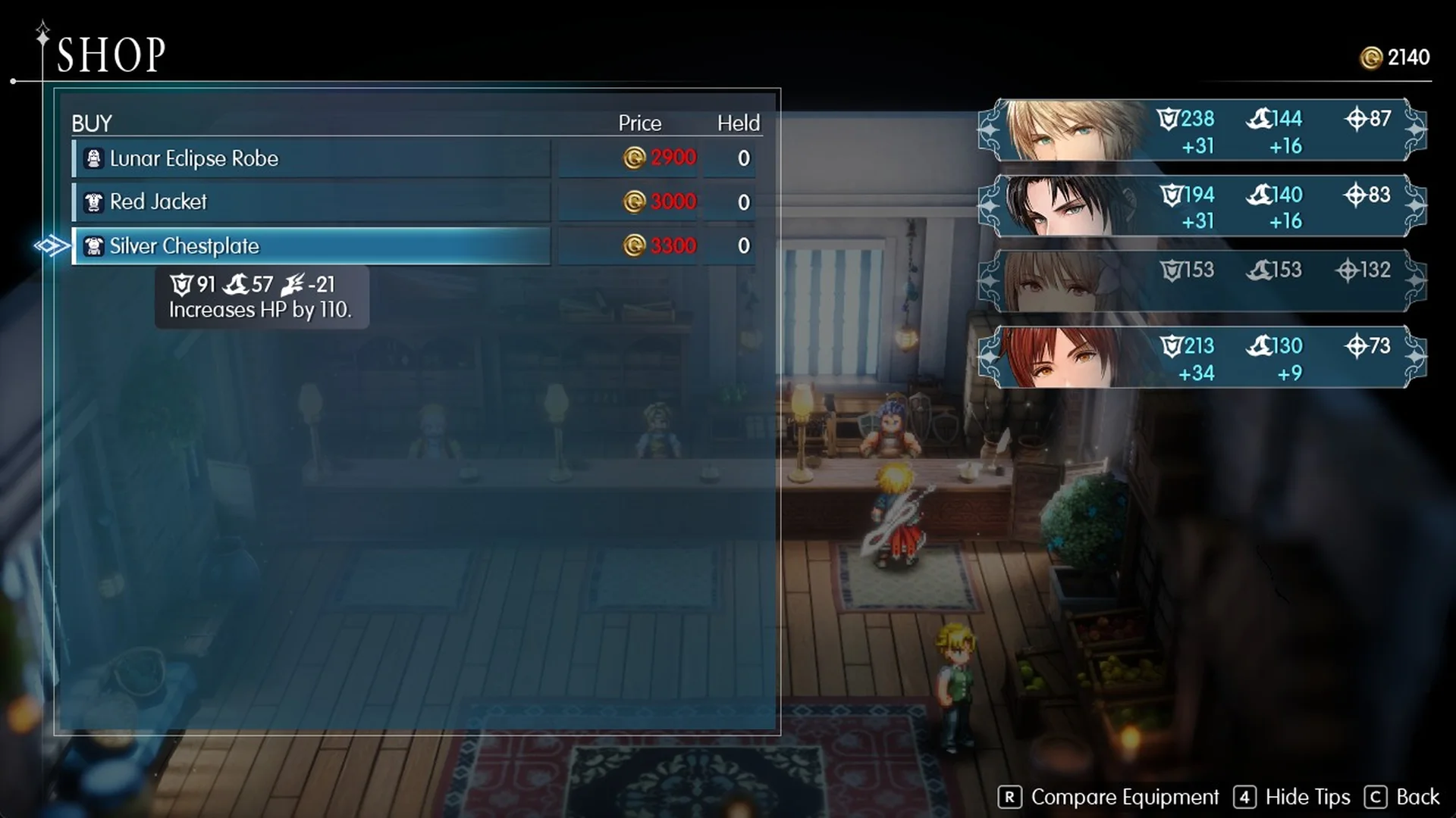 Armor shop list with the Silver Chestplate and the Increases HP by 110 tip