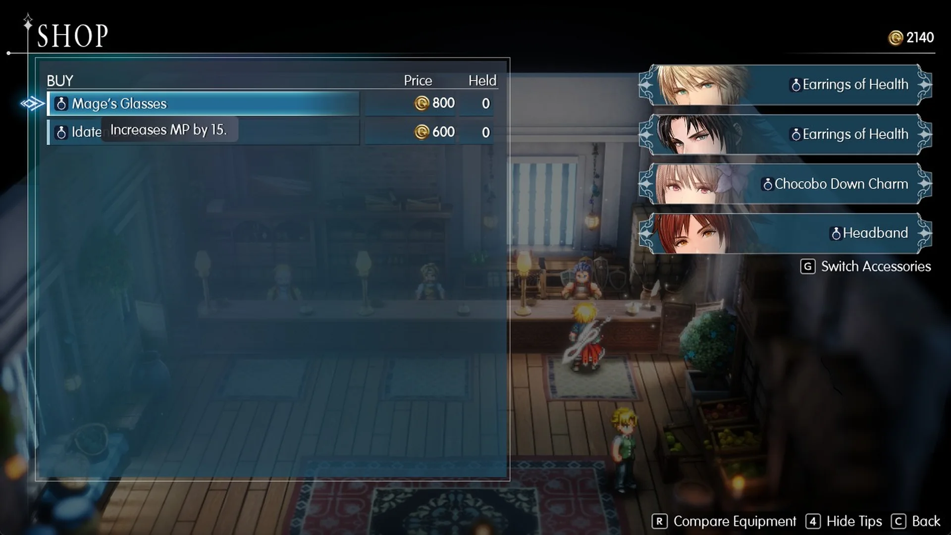 Accessory list with Mage's Glasses for 800 Gil: Increases MP by 15