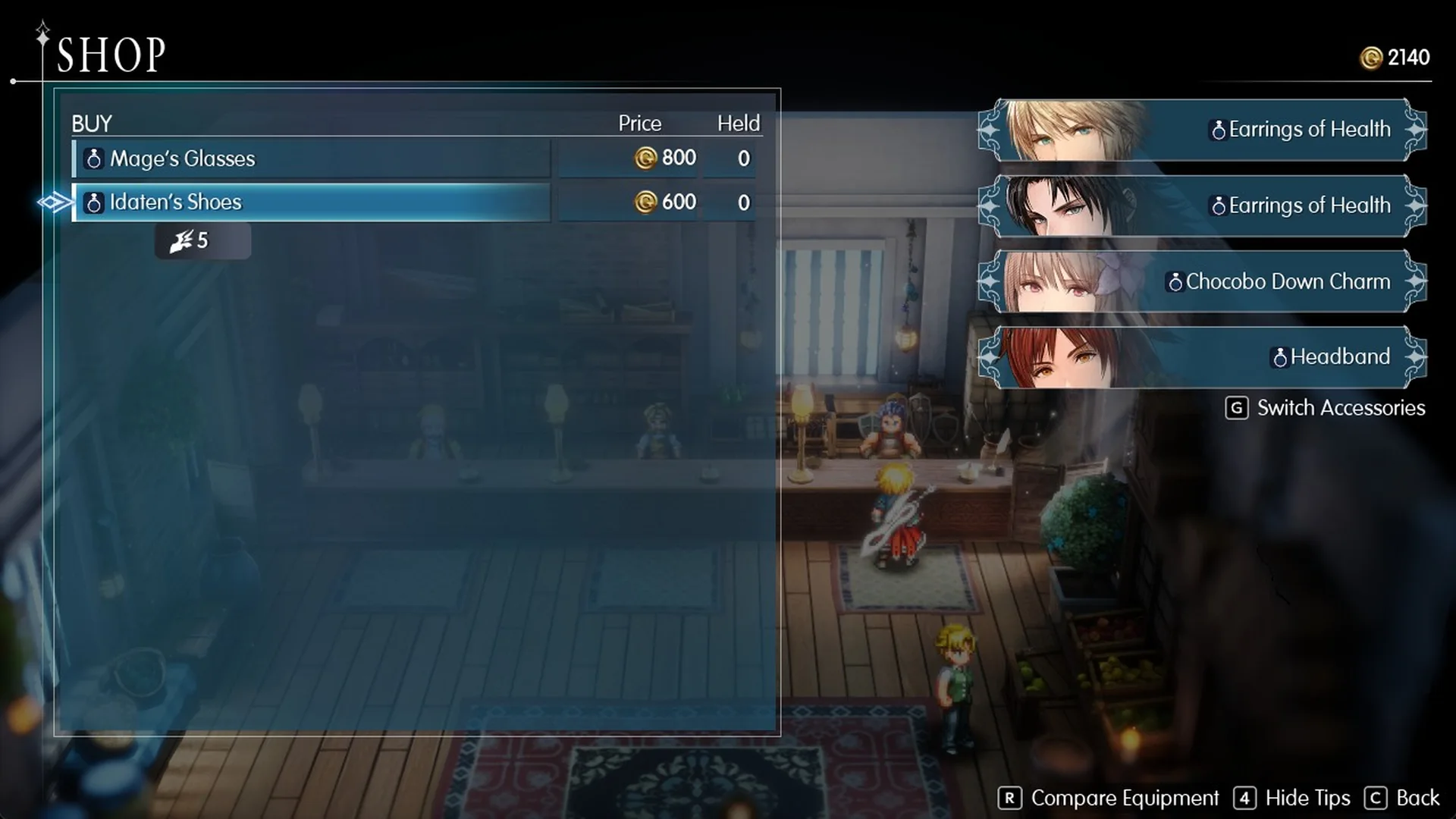 Accessory list with Idaten's Shoes for 600 Gil