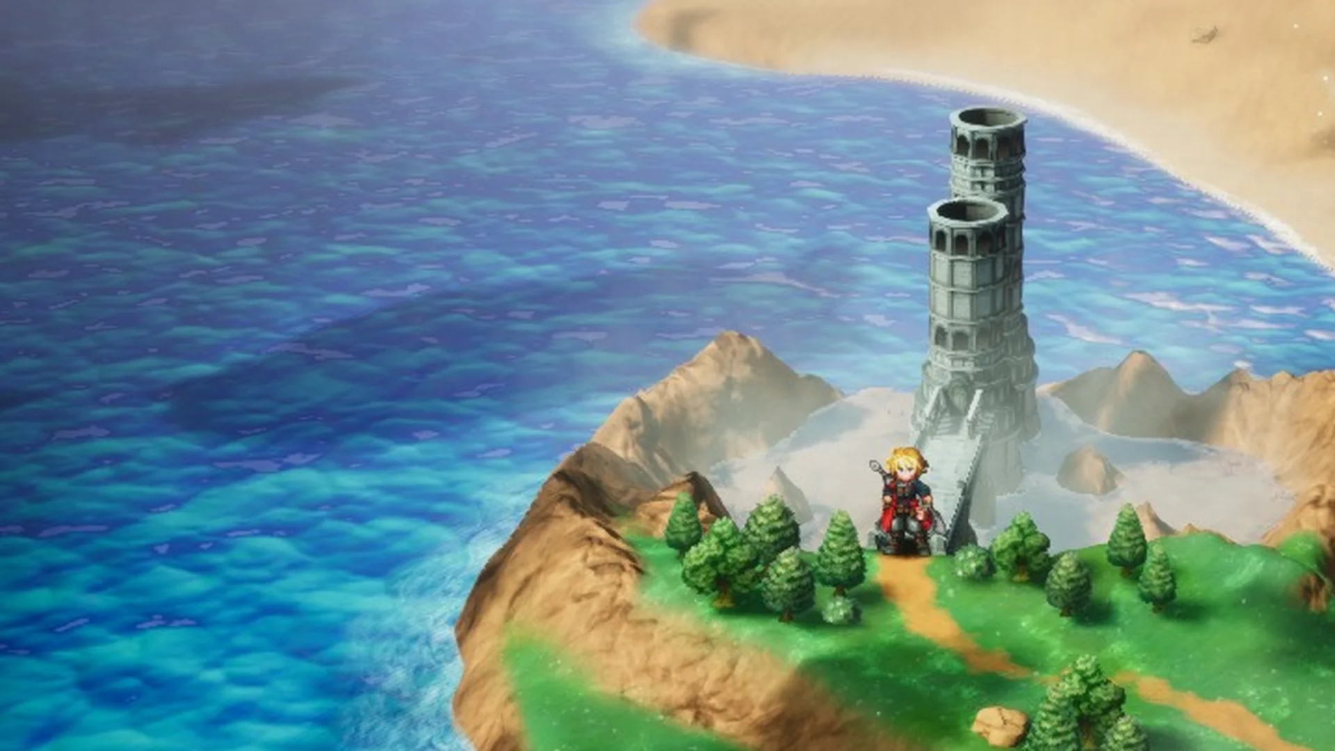 Siren's Tower on its rocky peninsula on the World Map, with Rain standing at its base