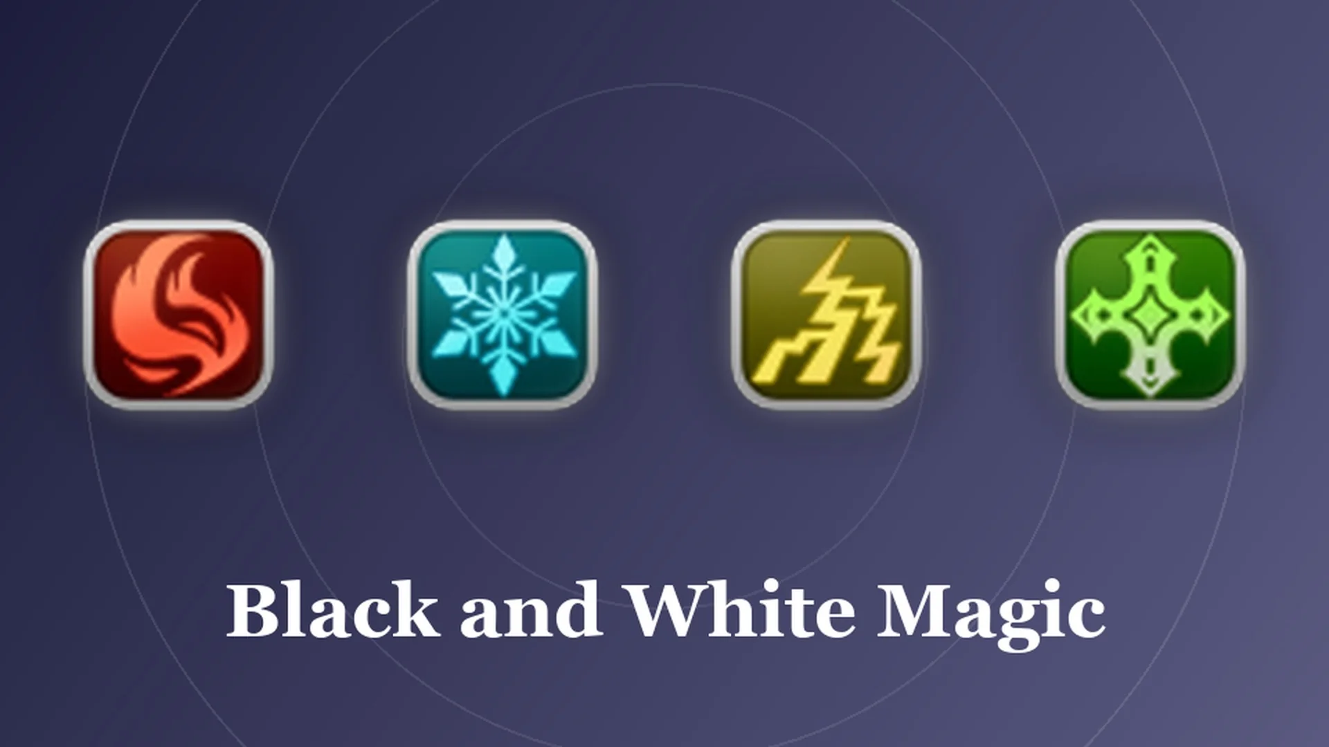 Styled card with fire, ice, lightning and healing icons