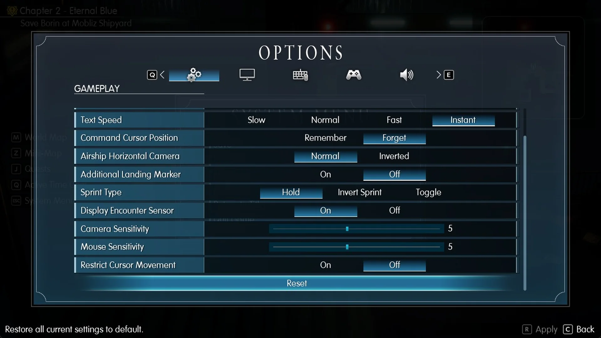 Final Fantasy Resonance Options Gameplay tab with Sprint Type set to Hold, Invert Sprint or Toggle