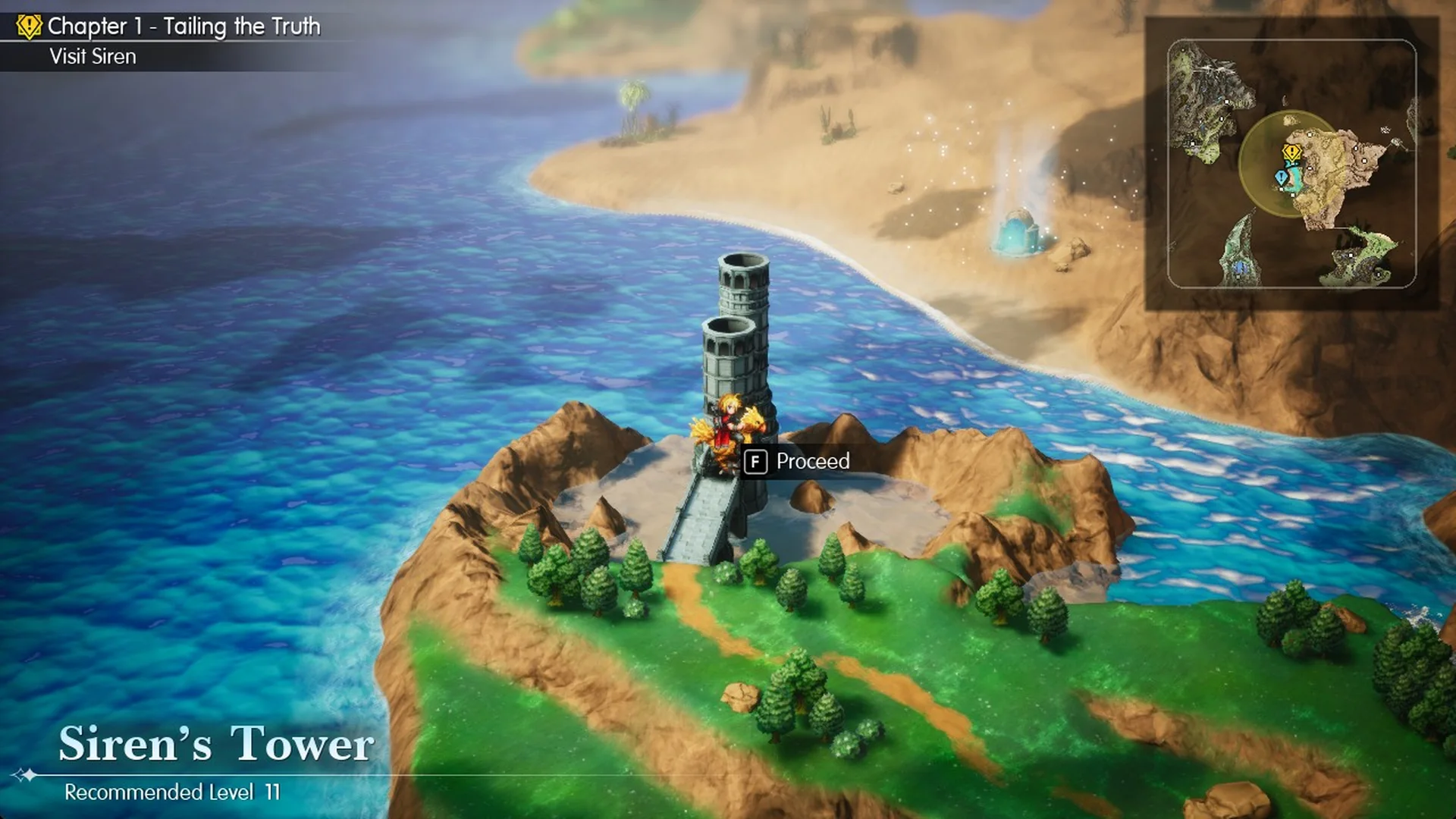 Siren's Tower banner on the World Map showing Recommended Level 11