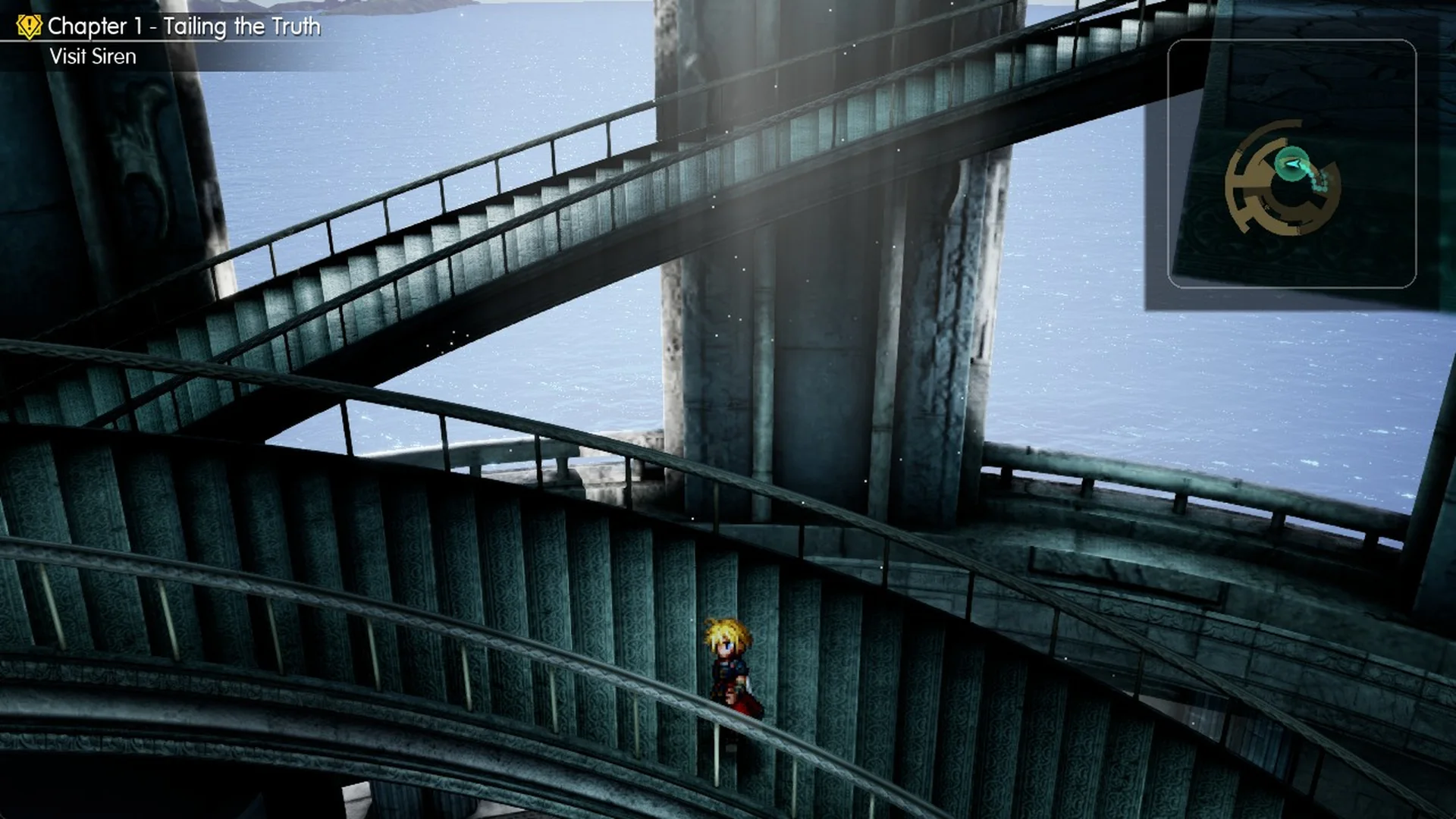 Rain on the big curved railed stair rising to the upper balcony of Siren's Tower