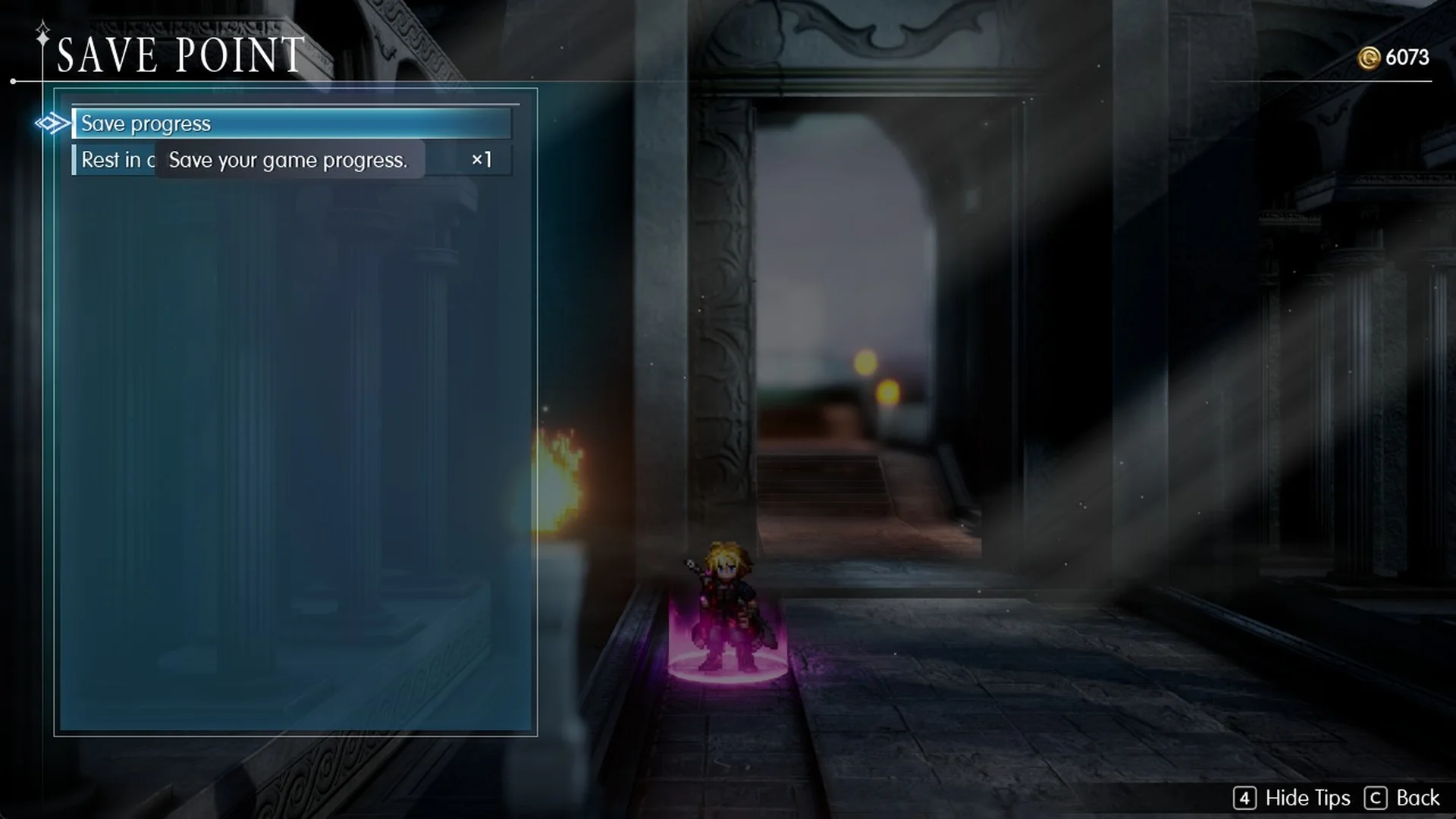 Save point menu on the save circle just inside the Siren's Tower door