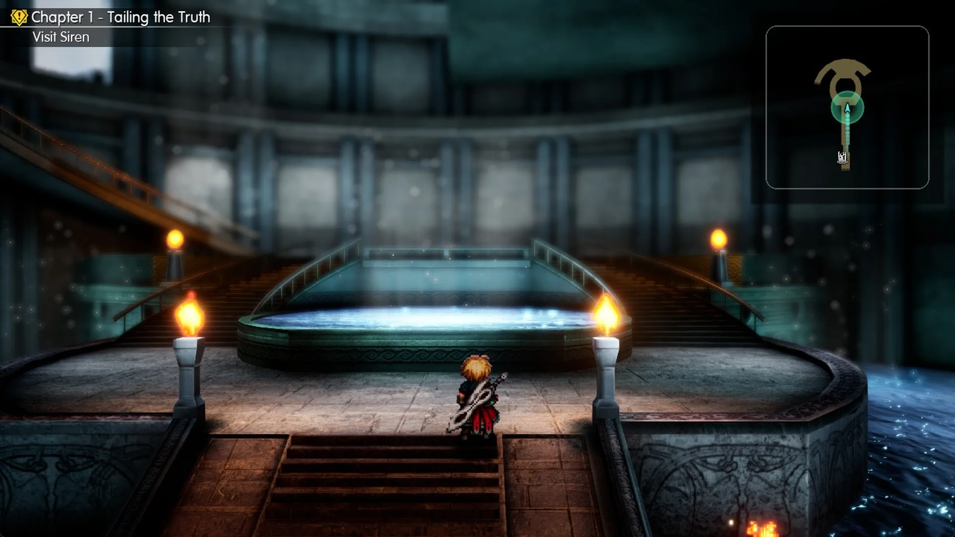 The round fountain hall on the ground floor of Siren's Tower with curved stairs on both sides