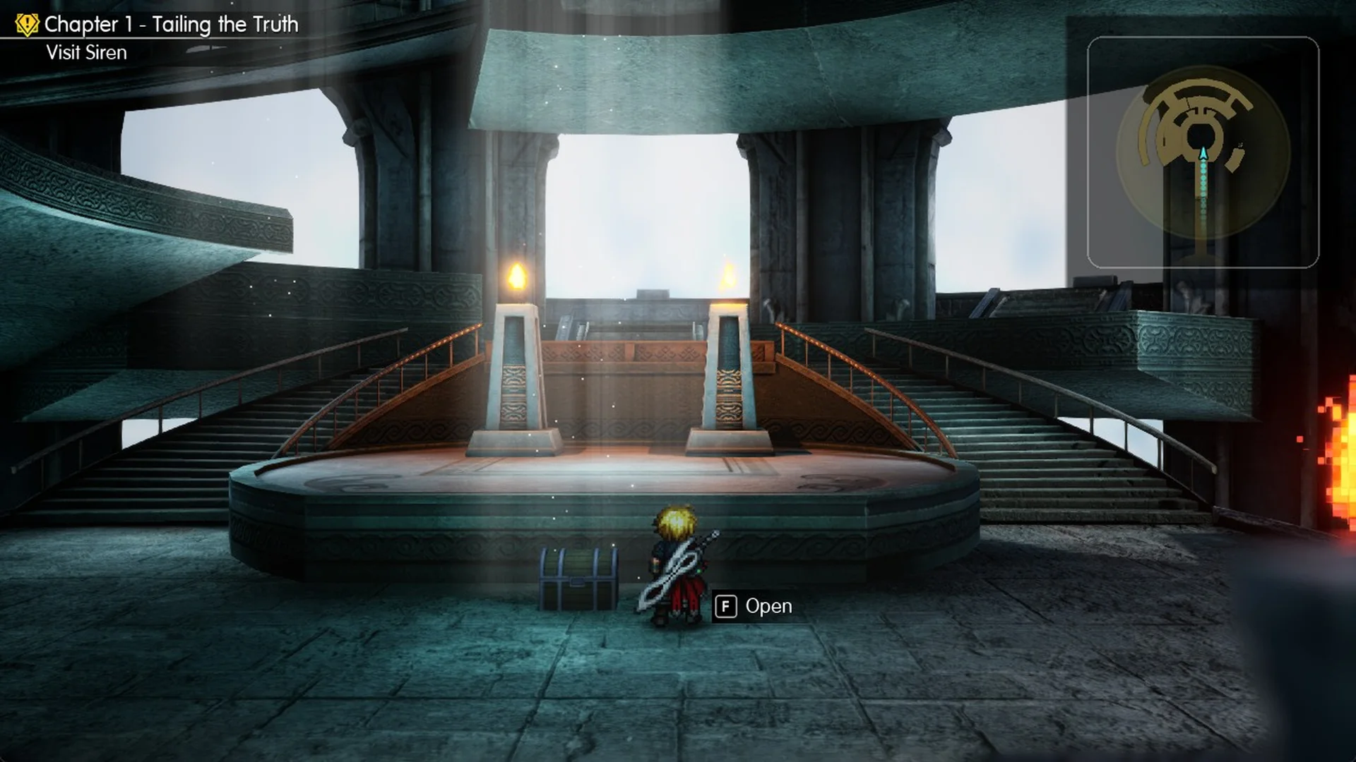 Open prompt on the chest in front of the raised platform at the end of the long corridor