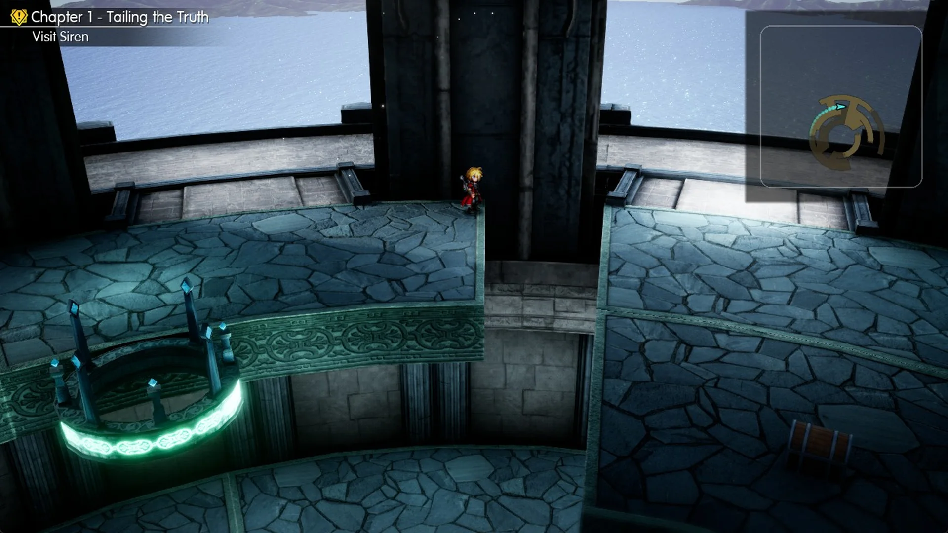 The third floor balcony of Siren's Tower with a green lift ring on its inner edge