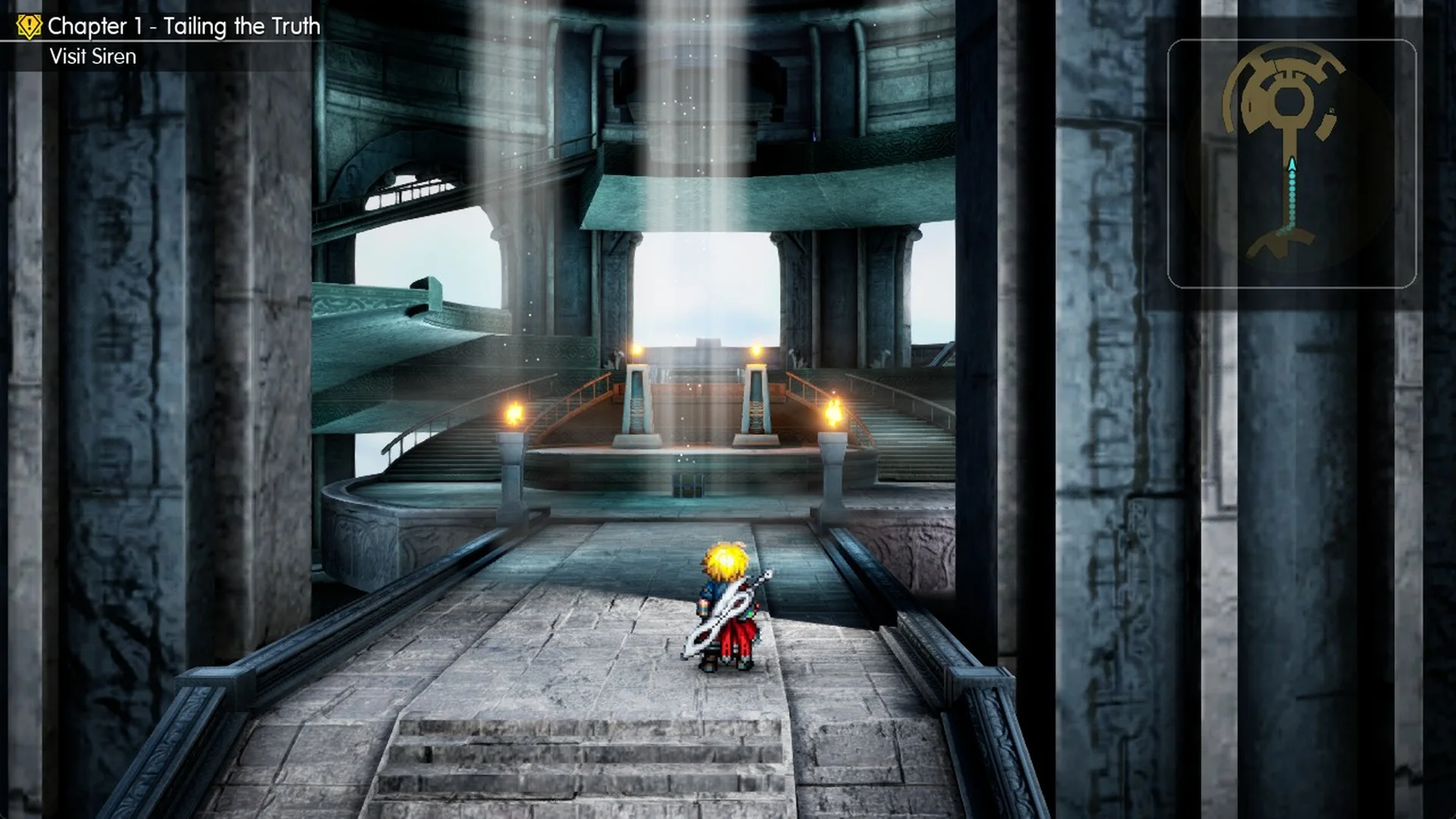 The long corridor opening into a hall with two lit pillars in Siren's Tower