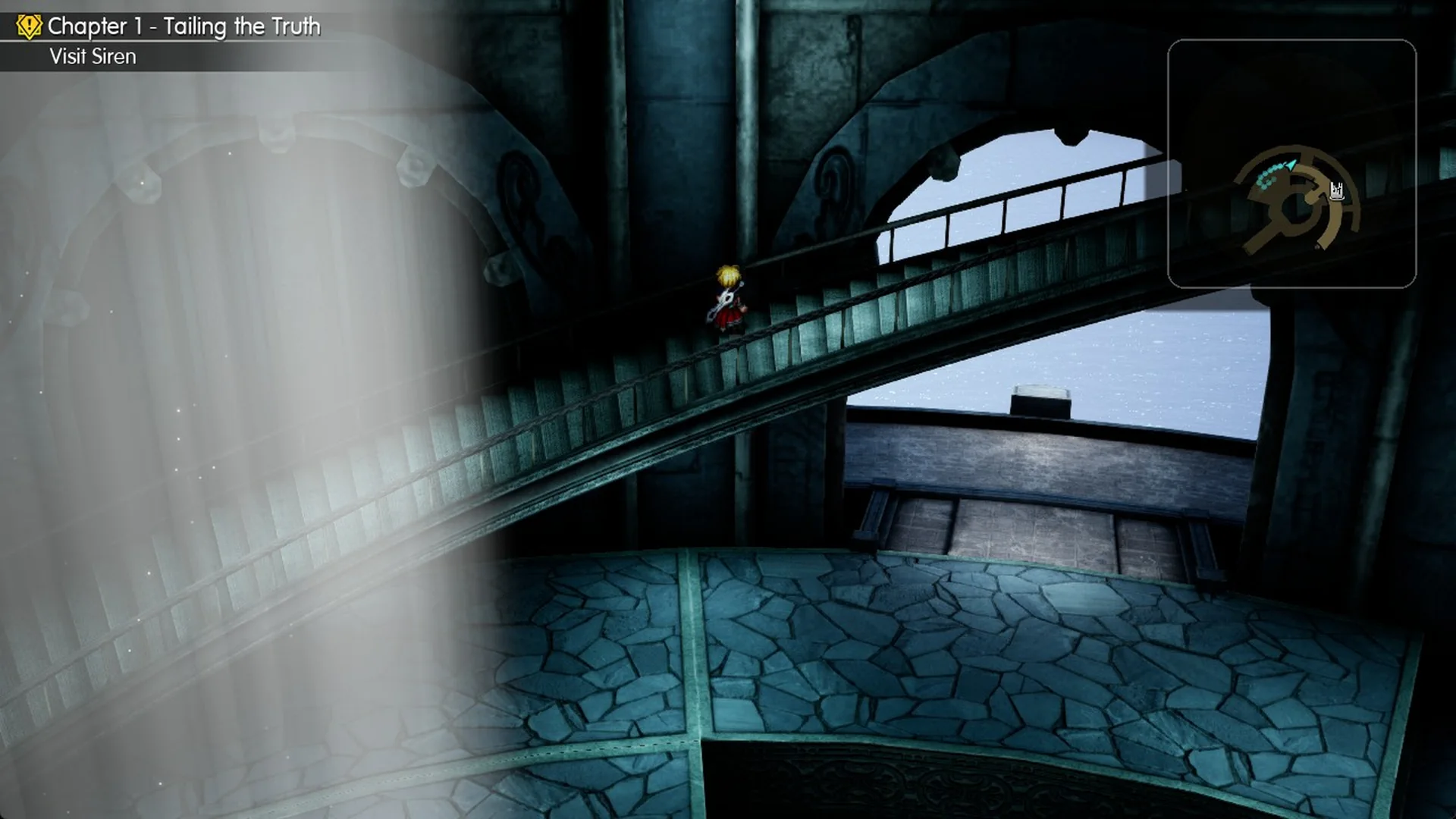 Rain climbing the long railed stair above the fan-shaped floor in Siren's Tower