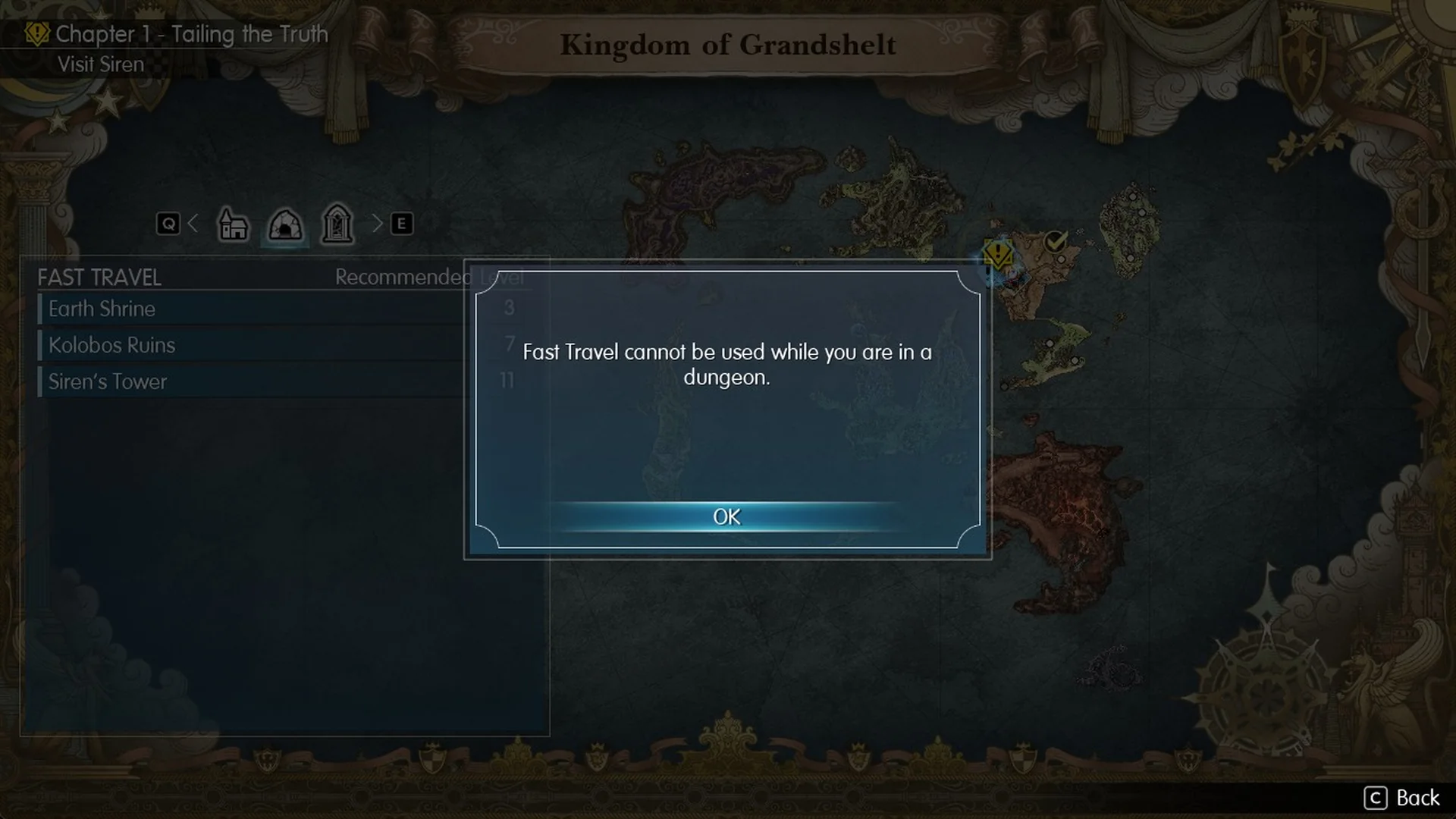 World Map message saying Fast Travel cannot be used while you are in a dungeon