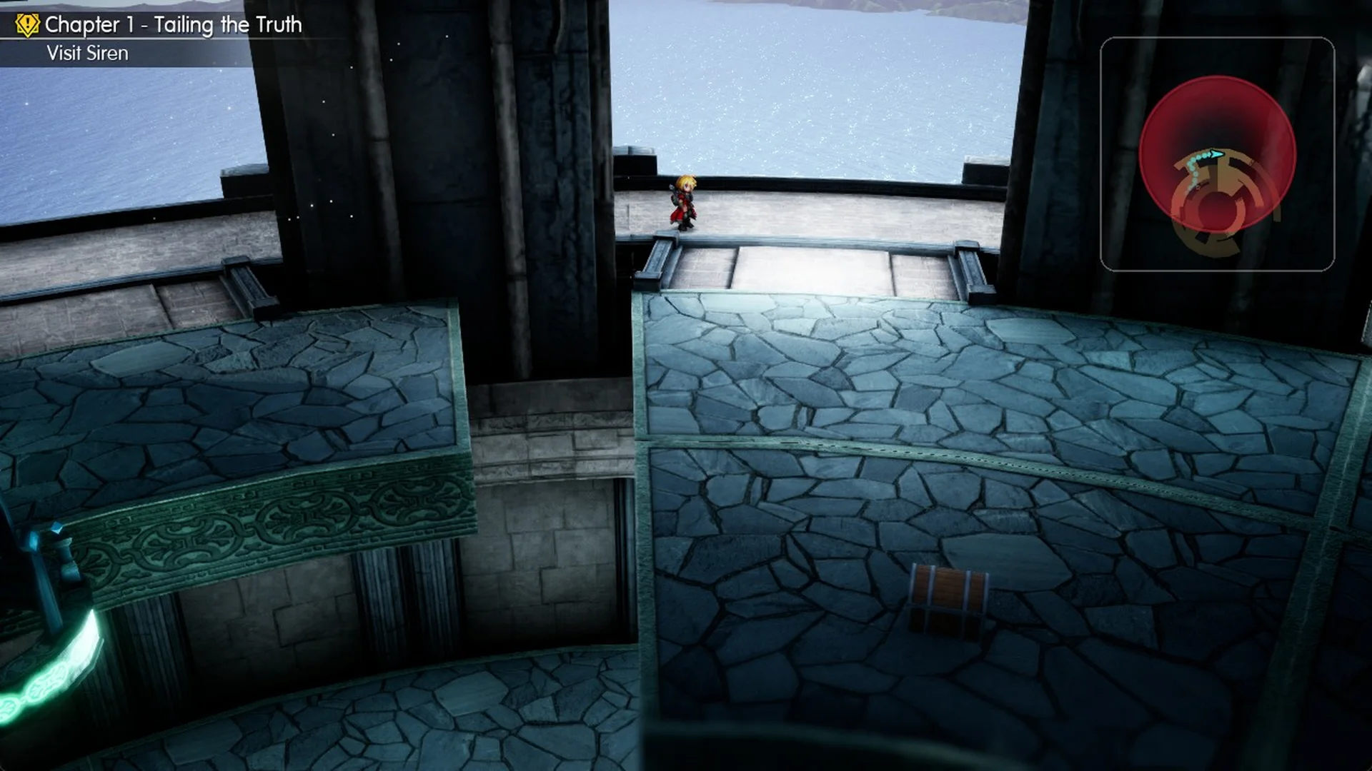 Rain walking along the narrow outer ledge behind the pillar in Siren's Tower