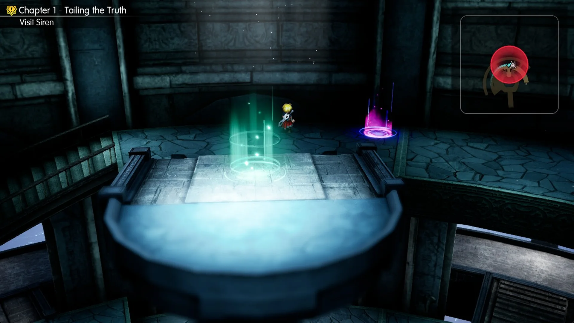 The pre-boss save circle with a green glowing column on a short stem beside it