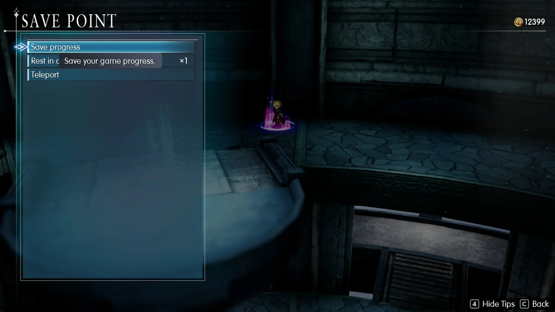 Save point menu at the pre-boss circle with Save progress, Rest in a tent and Teleport