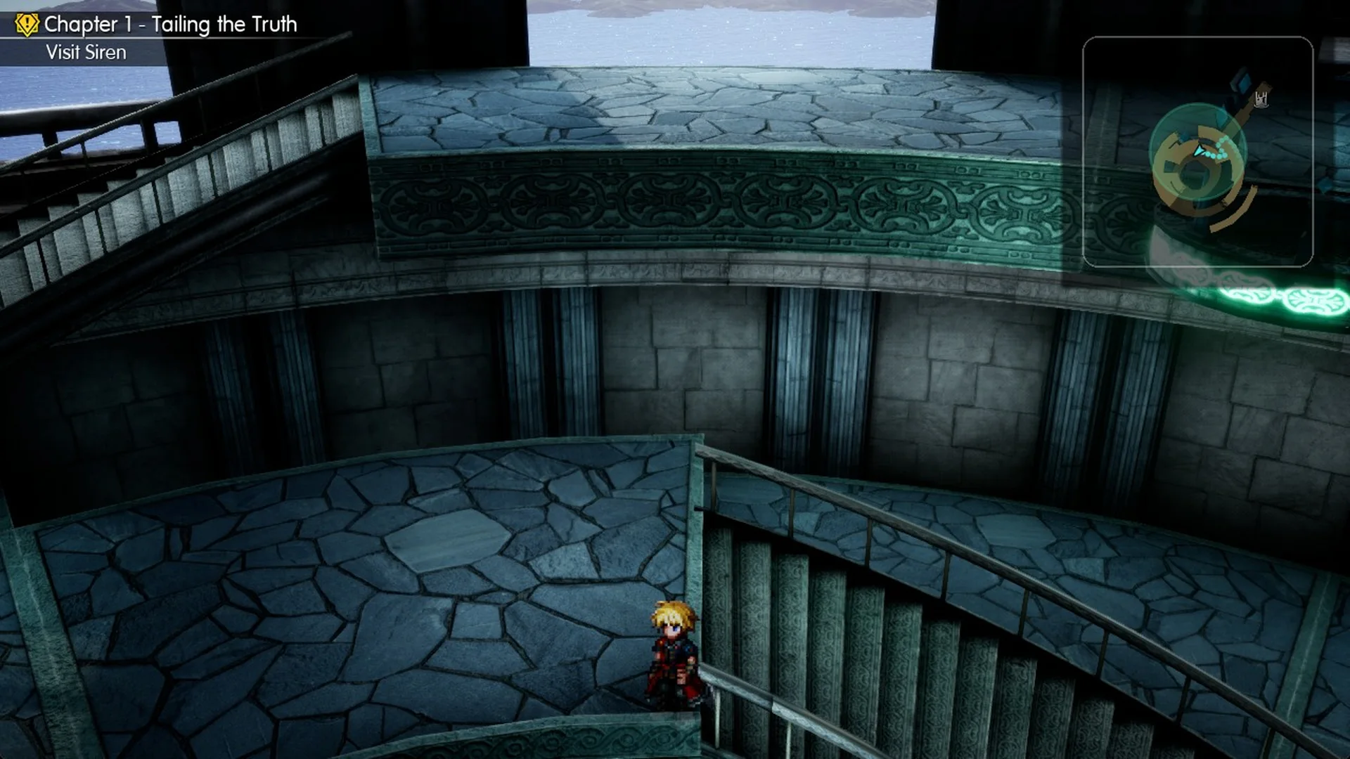 The big railed stair on the second floor ring of Siren's Tower sloping down to the left