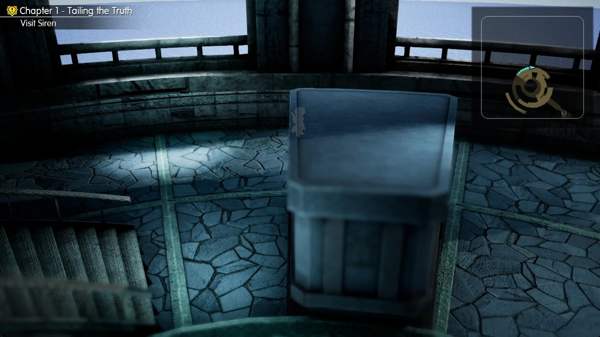 The wide landing with a big square stone block on the second floor of Siren's Tower