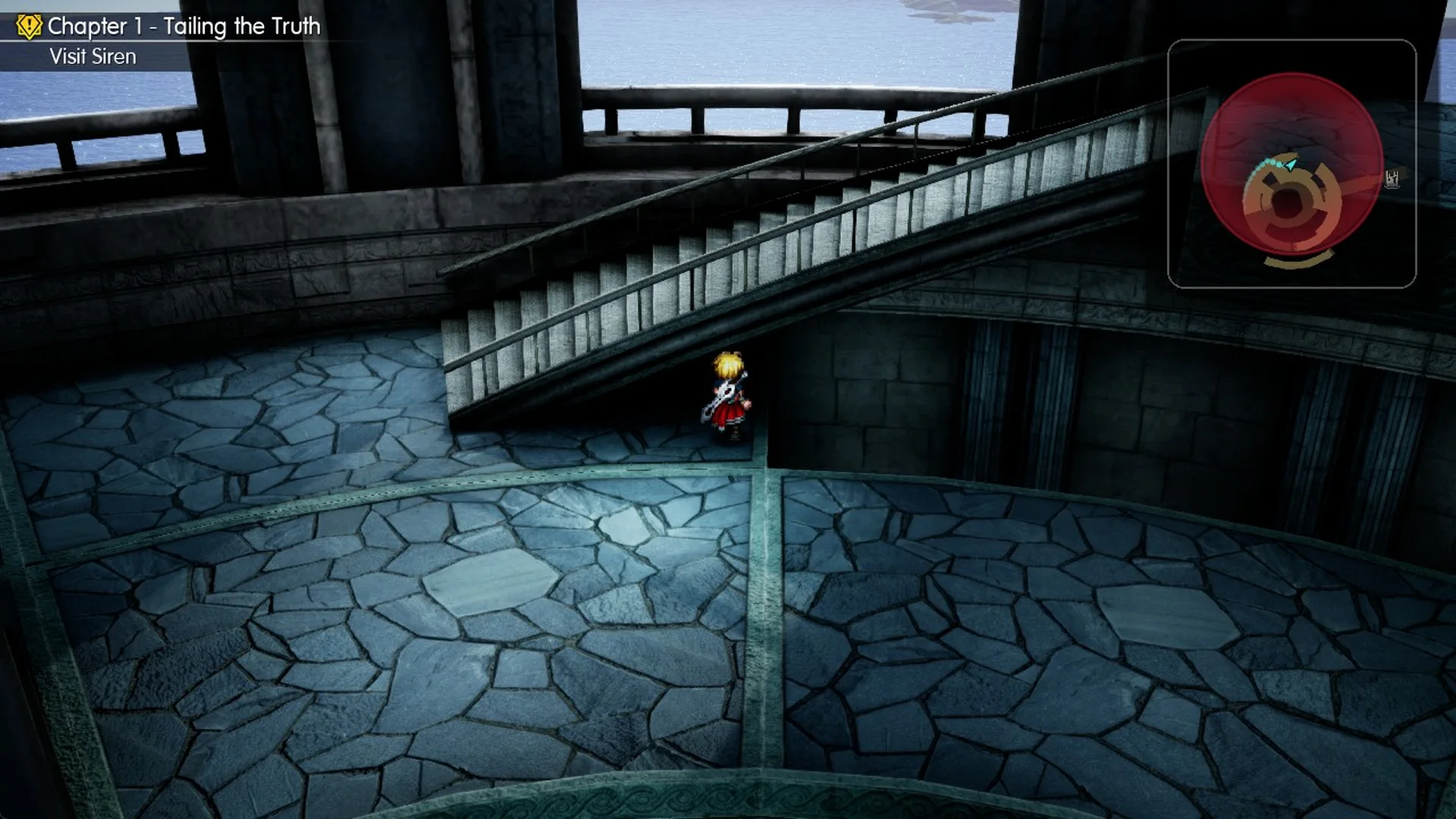 Rain climbing the stair beside the square stone block towards the third floor