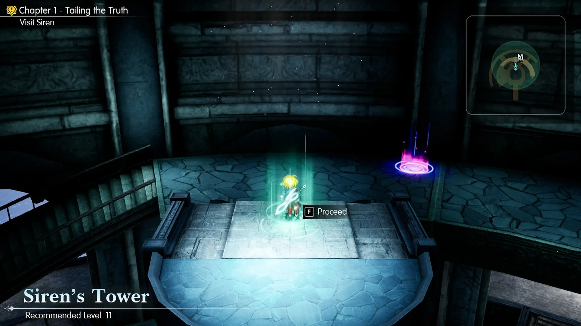 F Proceed prompt at the front of the green column with the Siren's Tower banner