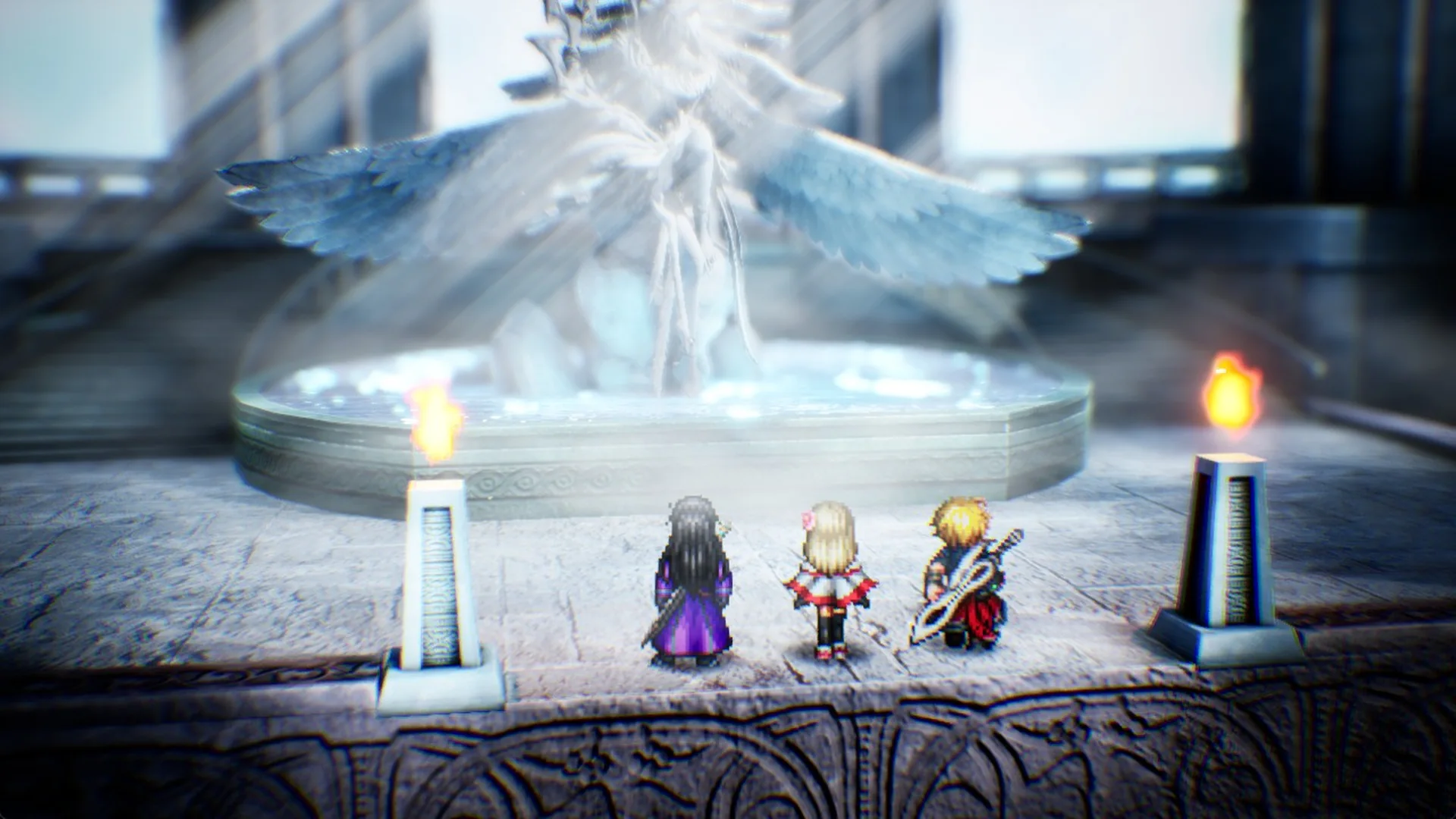The party at the summit of Siren's Tower in front of Siren's statue