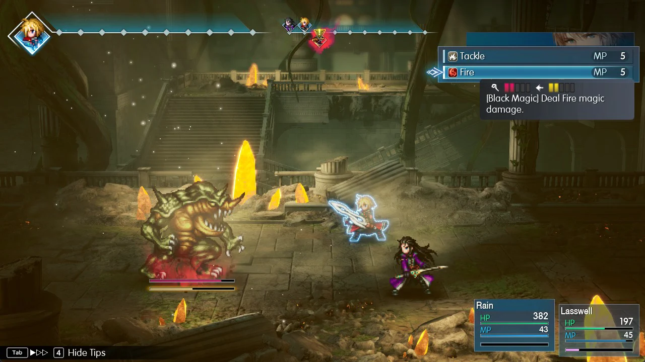 Battle command menu with Rain's Fire highlighted just below Tackle