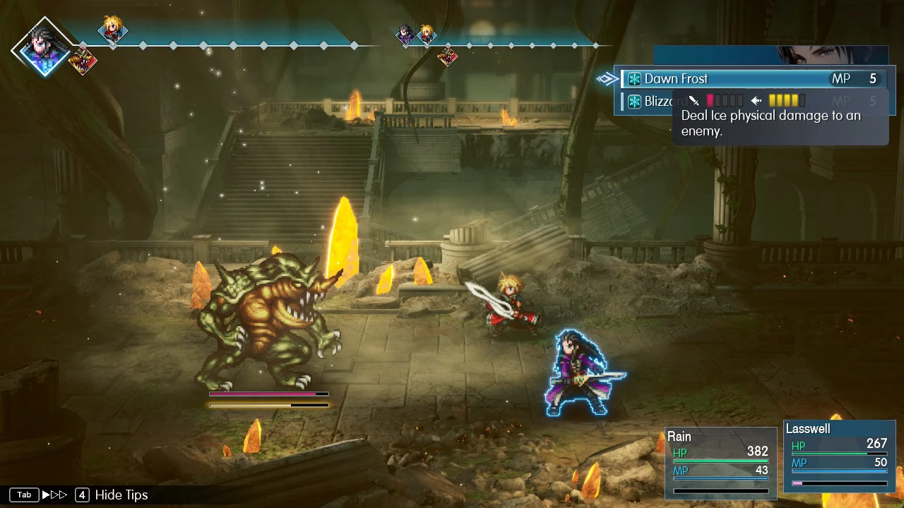 Battle spell menu with Lasswell's Dawn Frost highlighted at a cost of 5 MP