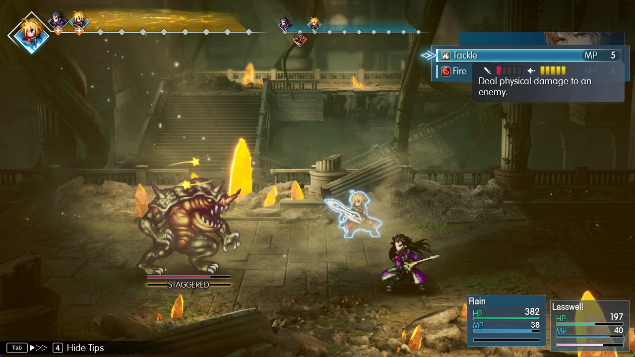 Battle command menu with Rain's Tackle highlighted at a cost of 5 MP