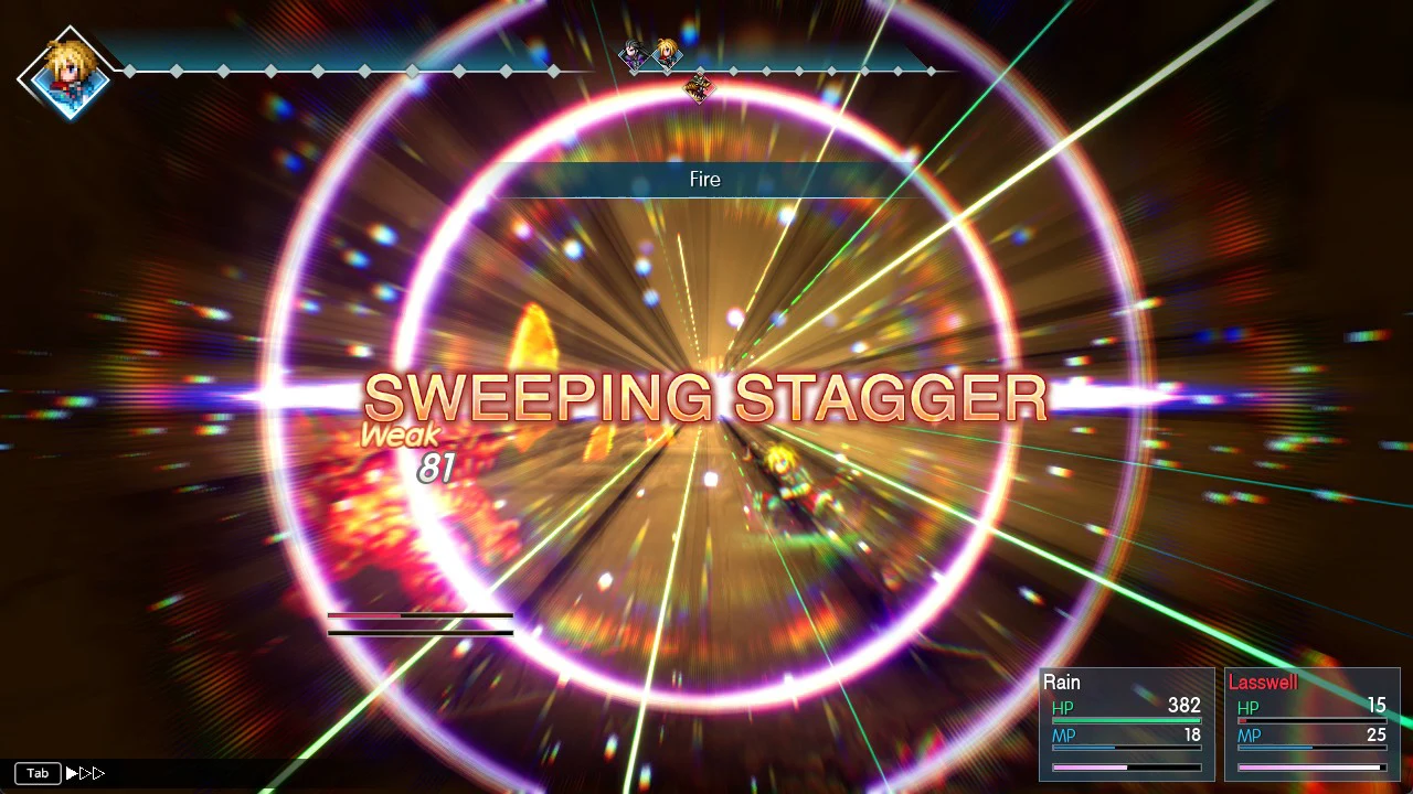 SWEEPING STAGGER banner across the battle screen as Rain's Fire hits a weakness